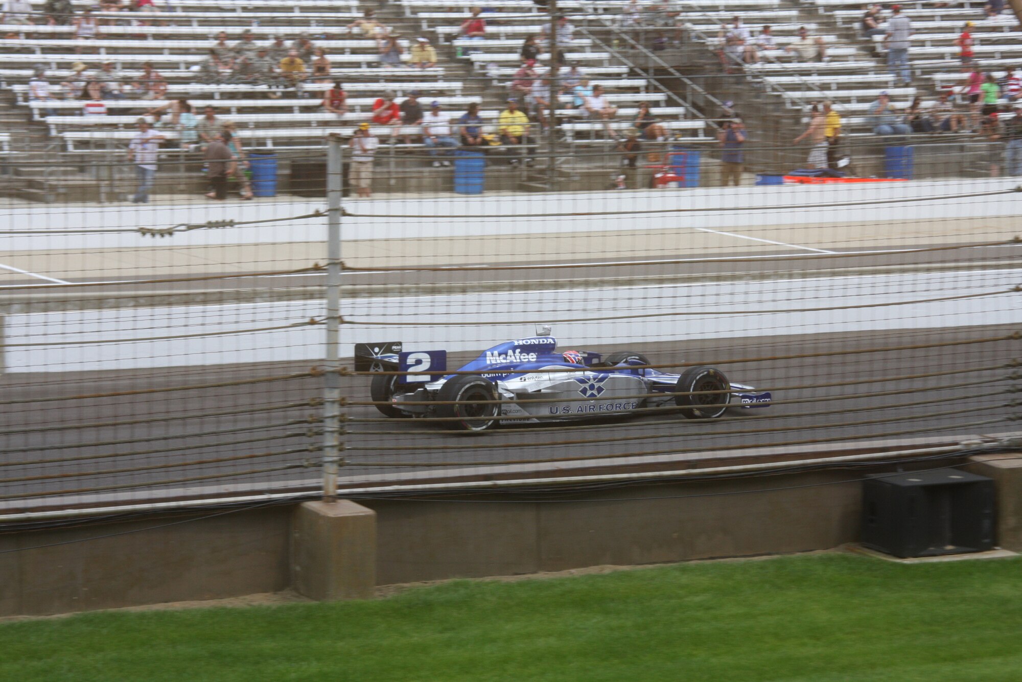 WRIGHT-PATTERSON AIR FORCE BASE, Ohio – More than 30 Team Wright-Patt Airmen had the opportunity to see the Air Force car driven in the 93rd Indianapolis 500 May 24.  The car, driven by Rafael Matos, came in 22nd place.  More than 1,200 active duty, Guard and Reserve members and their guests from all branches of the Armed Forces took part in pre-race activities before the start of the race.(Air Force photo/Staff Sgt. Ken LaRock)