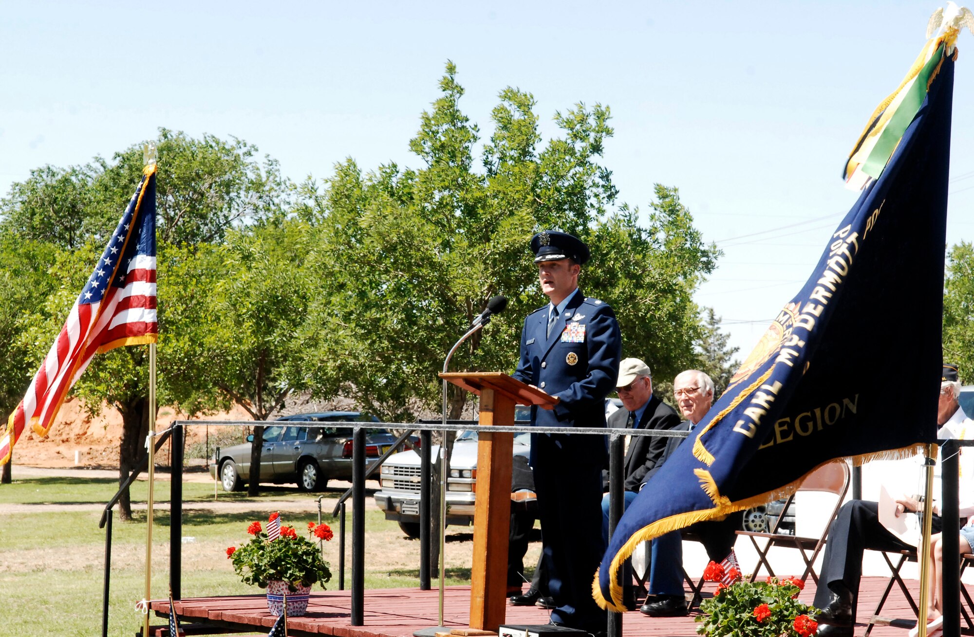 CANNON AIR FORCE BASE, N.M. -- Lt. Col. Dwight Davis, 27th Special Operations Group deputy commander, speaks about the significance of Memorial Day at the Portales Cemetery May 25. Colonel Davis spoke about the sacrifices servicemembers make on a daily basis. (U.S. Air Force photo by Airman 1st Class Danielle Powell)