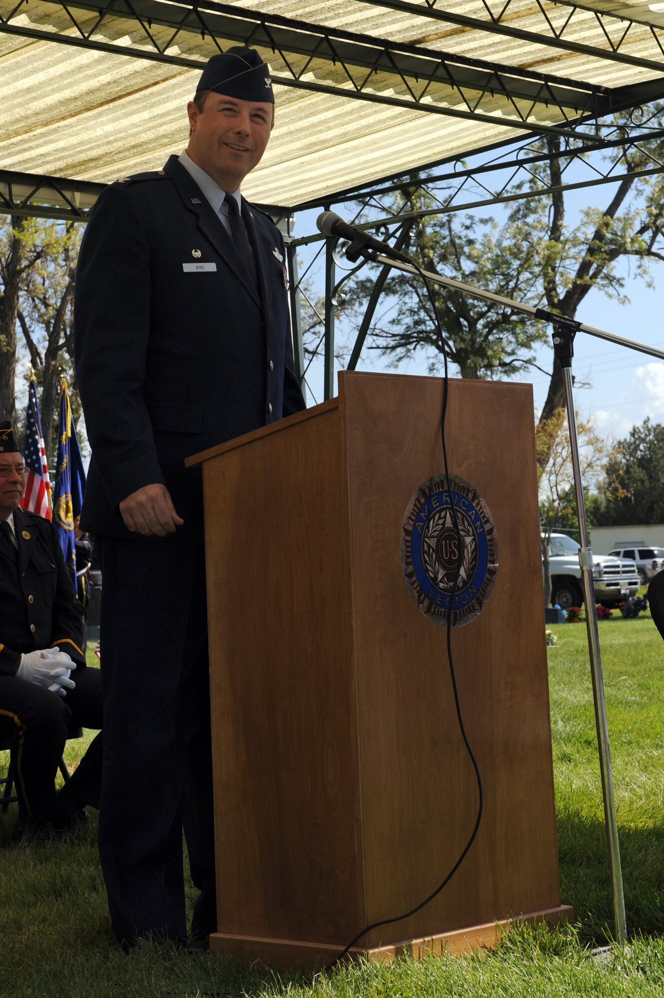 MOUNTAIN HOME AIR FORCE BASE, Idaho - Col. John Bird, 366th Fighter Wing commander, delivers a speech during the Memorial Day Ceremony held at Mountain View Cemetery in Mountain Home May 25. Gunfighters and citizens of Mountain Home came together to pay respect to fallen veterans. Memorial Day was originally known as Decoration Day because it was time set aside to pay respect to the Civil War dead by strewing flowers or "decorations" on the graves of fallen comrades. (U.S. Air Force photo by Airman 1st Class Debbie Lockhart)