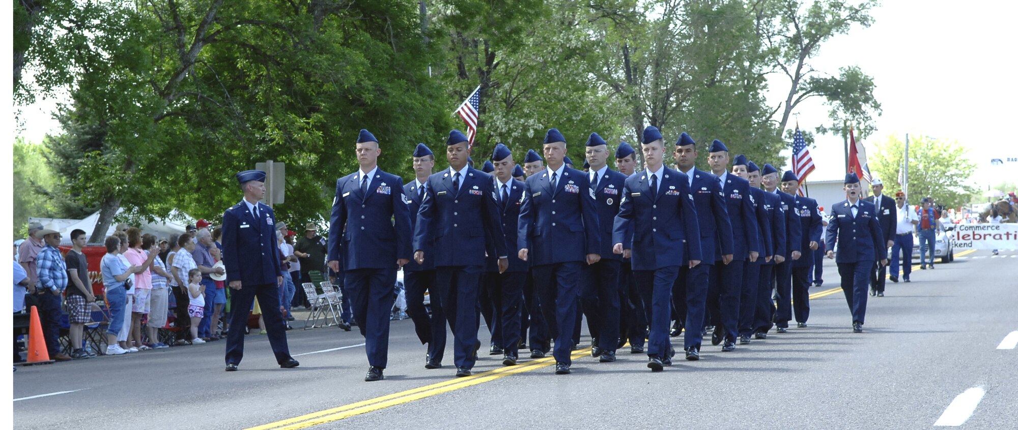 MOUNTAIN HOME AIR FORCE BASE, Idaho - More than 30 Airmen from across the 366th Fighter Wing marched in the Hagerman Fossil Days Military Tribute Parade May 23 in Hagerman, Idaho. Throughout the parade, the Airmen received rounds of applause from the audience in appreciation for their military service. The formation was led in cadence by Airman 1st Class Elizabeth Howell, 366th Component Maintenance Squadron. (U.S. Air Force photo/Staff Sgt. Jasmine Reif)
