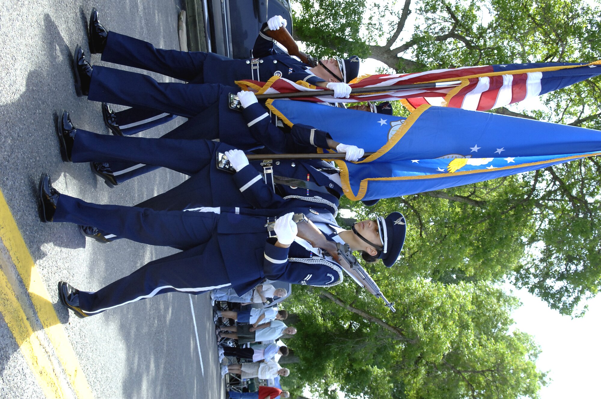 MOUNTAIN HOME AIR FORCE BASE, Idaho- 366th Fighter Wing Honor Guard members march in the Hagerman Fossil Days Military Tribute Parade May 23 in Hagerman, Idaho. More than 30 Airmen from the base marched in formation, receiving rounds of applause from the audience. The formation was led in cadence by Airman 1st Class Elizabeth Howell, 366th Component Maintenance Squadron. (U.S. Air Force photo/Staff Sgt. Jasmine Reif)