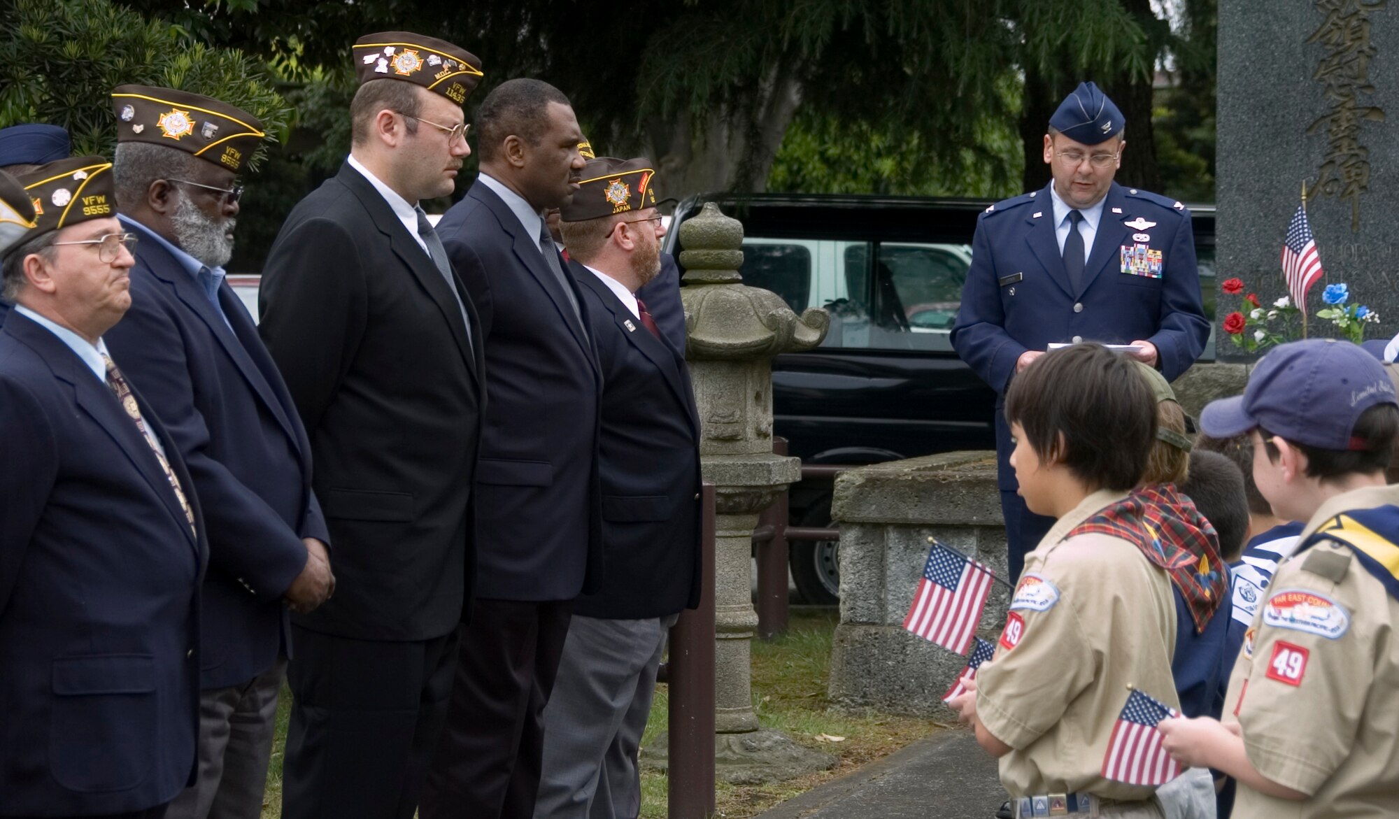 YOKOTA AIR BASE, Japan -- Colonel Frank Eppich, 374th Airlift Wing vice commander, addresses the crowd May 25 during the Veterans of Foreign Wars Post 9555 Memorial Day ceremony near Nina Circle. Gen. John A. Logan, commander of the Grand Army of the Republic, officially proclaimed Memorial Day on May 5, 1868. The holiday was first observed on May 30, 1868, when flowers were placed on the graves of Union and Confederate soldiers at Arlington National Cemetery. (U.S. Air Force photo/Master Sgt. Matt Summers)