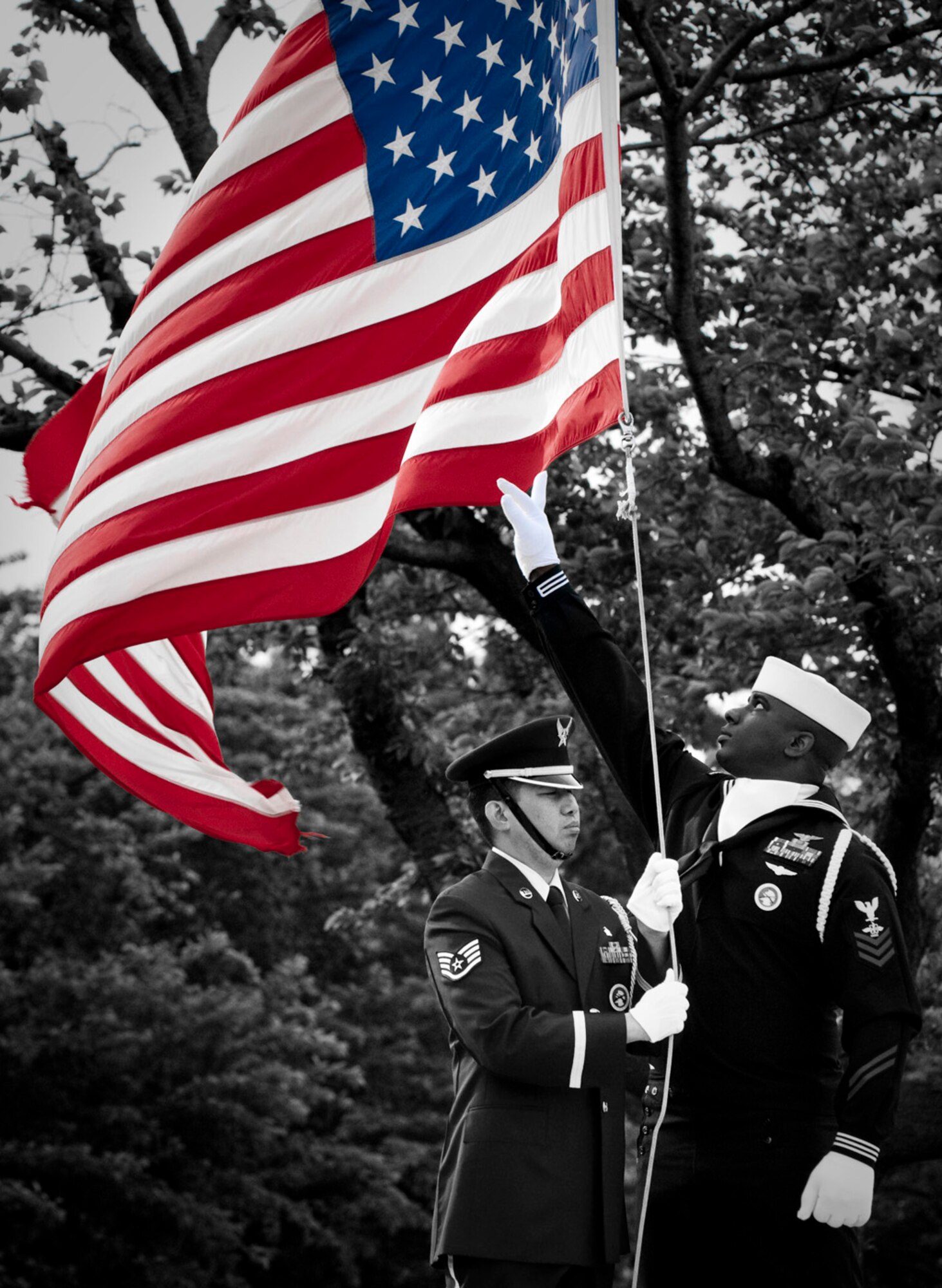 MISAWA AIR BASE, Japan -- A joint-service honor guard retires the flag May 21, 2009. While the flag would normally be raised 24 hours a day, it was lowered in a retreat ceremony in honor of Memorial Day. (U.S. Air Force photo illustration by Staff Sgt. Samuel Morse)