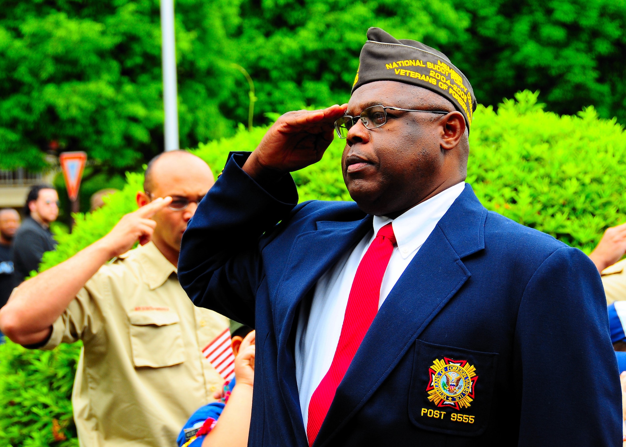 YOKOTA AIR BASE, Japan -- Robert Moses of Veterans of Foreign Wars Post 9555 salutes the American flag May 25 during the post's Memorial Day ceremony near Nina Circle. Gen. John A. Logan, commander of the Grand Army of the Republic , officially proclaimed Memorial Day on May 5, 1868. The holiday was first observed on May 30, 1868, when flowers were placed on the graves of Union and Confederate soldiers at Arlington National Cemetery. (U.S. Air Force photo/Airman 1st Class Michael Dillon)