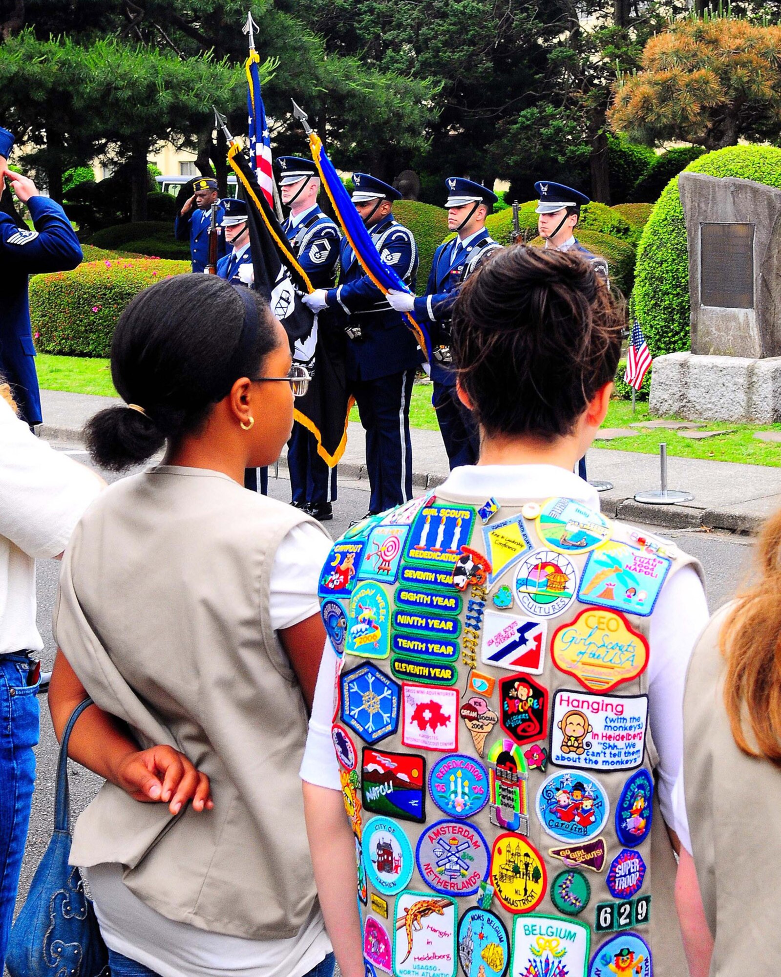 YOKOTA AIR BASE, Japan -- The Yokota Air Base Honor Guard posts the Colors May 25 during the American Legion Post 2222 Annual Memorial Day Ceremony at the  officers' club memorial garden. The post conducts the annual service to carry on a tradition which began May 30, 1868, when flowers were placed on the graves of Union and Confederate soldiers at Arlington National Cemetery. (U.S. Air Force photo/Airman 1st Class Michael Dillon)