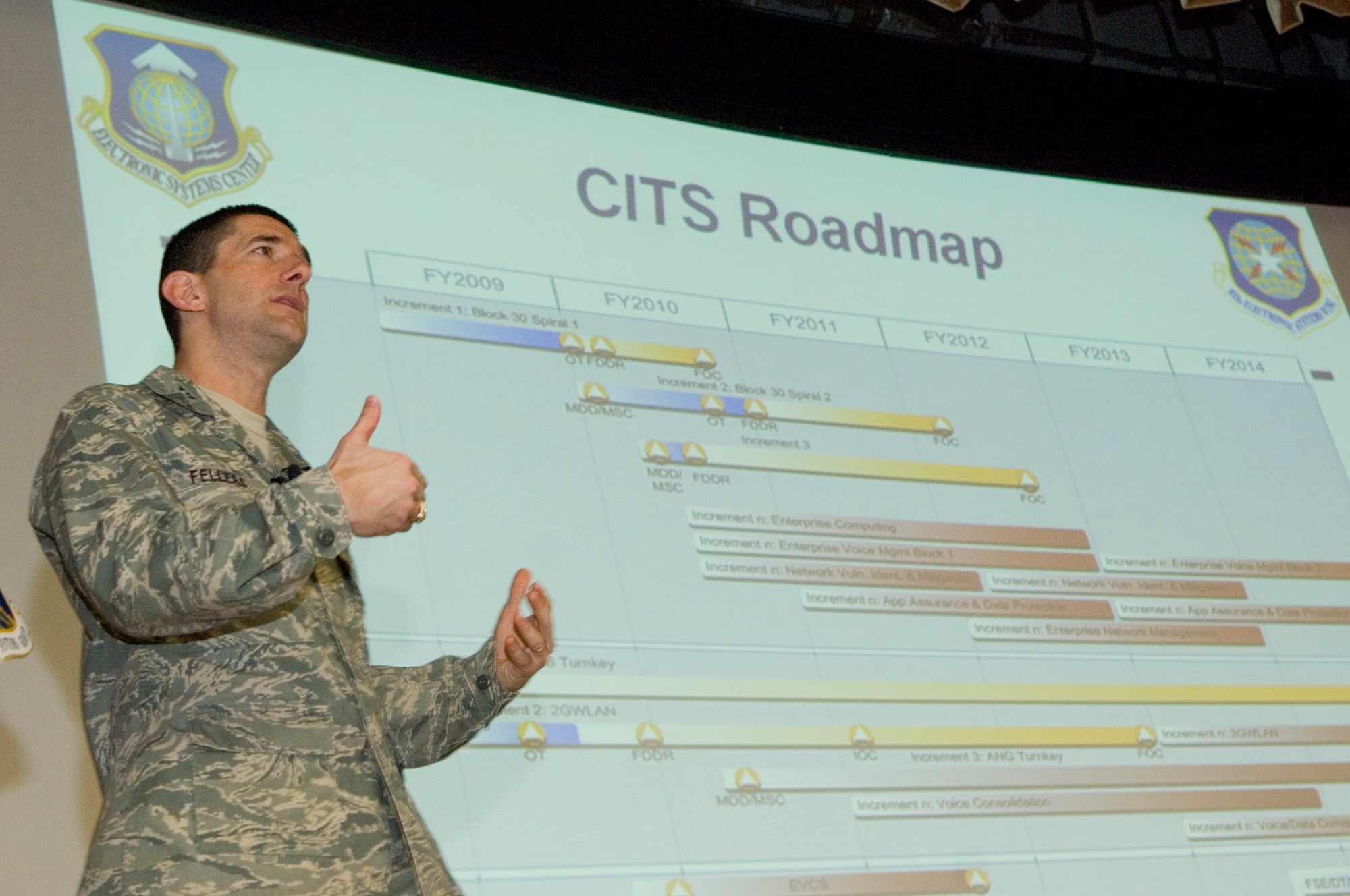 Col. Russ Fellers, program manager for the Air Force?s Combat Information Transport System, provides a roadmap for the multi-faceted program to attendees at a recent CITS Industry Day at Hanscom Air Force Base, Mass. (U.S. Air Force photo/Mark Wyatt)