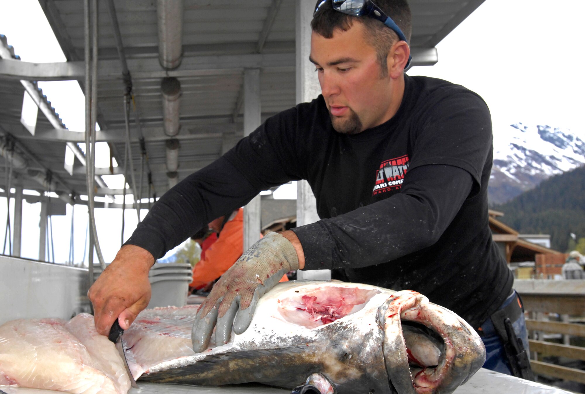 SEWARD, Alaska -- Jeff Eide fillets a fish a veteran on his boat caught. Eide is one of the deck hands for the charter "Legend." He baited hooks and helped bring fish that the veterans caught on board the boat. The tournament, sponsored by the Armed Services YMCA and the Seward Charter Association, is a free day of halibut charter fishing mainly for veterans of the Iraq and Afghanistan war.  (U.S. Air Force photo/Airman 1st Class Christopher Gross)