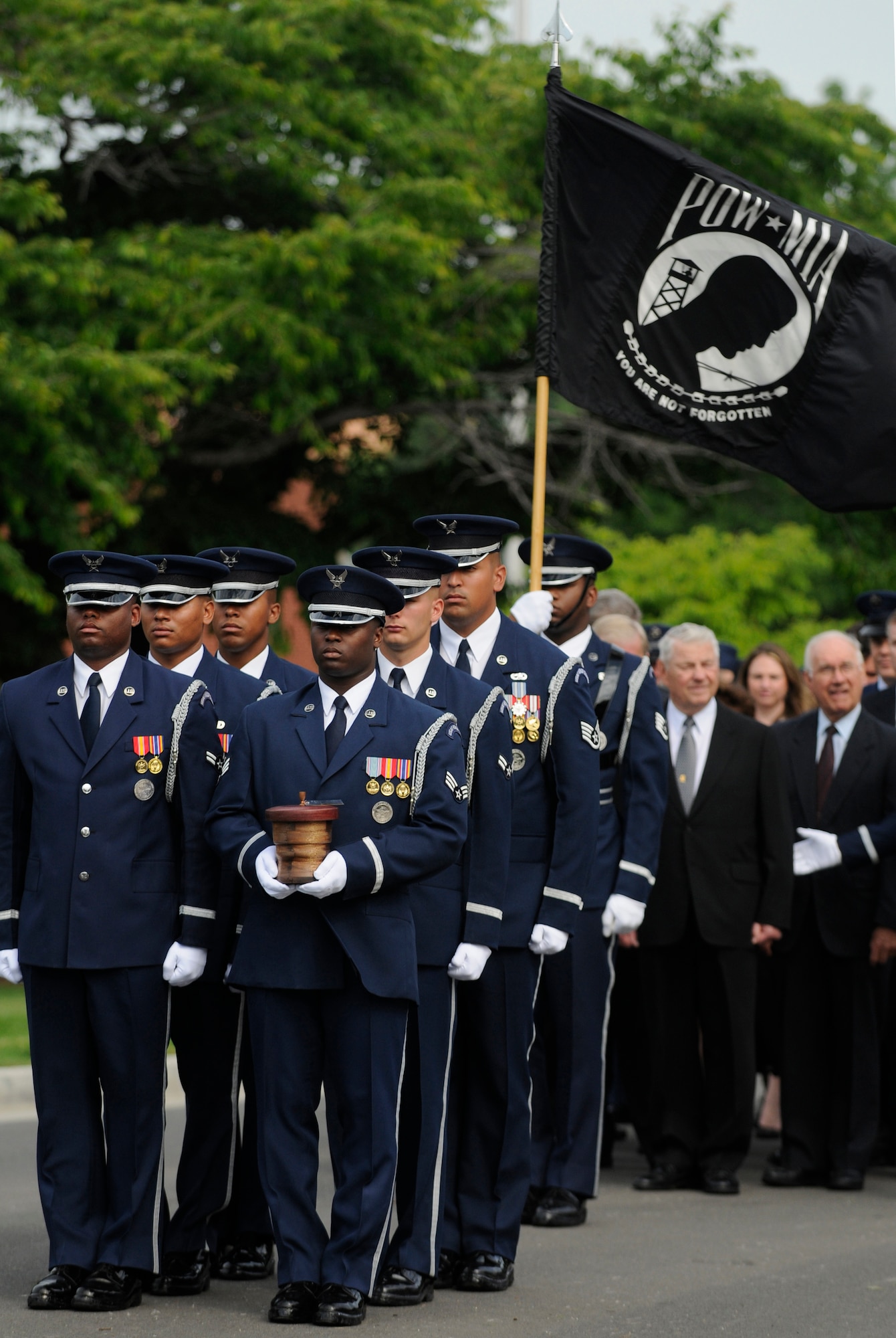 Members of a U.S. Air Force Honor Guard body bearer’s element carry the remains of former Chief Master Sgt. of the Air Force Paul W. Airey, during a funeral in his honor May 28, at Arlington National Cemetery in Arlington, Va.  Former CMSAF Airey was adviser to Secretary of the Air Force Harold Brown and Chief of Staff of the Air Force Gen. John P. McConnell on matters concerning welfare, effective utilization and progress of the enlisted members of the Air Force. Former CMSAF Airey was the first chief master sergeant appointed to this ultimate noncommissioned officer position and was selected from among 21 major air command nominees to become the first chief master sergeant of the Air Force. (U.S. Air Force photo by Staff Sgt. Dan DeCook)