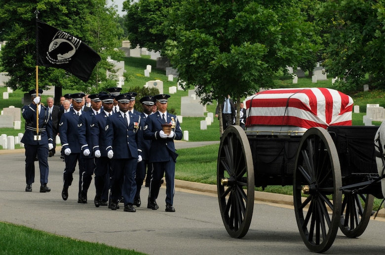 Members of a U.S. Air Force Honor Guard body bearer’s element carry the remains of former Chief Master Sgt. of the Air Force Paul W. Airey, during a funeral in his honor  May 28, at Arlington National Cemetery in Arlington Va. Former CMSAF Airey was adviser to Secretary of the Air Force Harold Brown and Chief of Staff of the Air Force Gen. John P. McConnell on matters concerning welfare, effective utilization and progress of the enlisted members of the Air Force. Former CMSAF Airey was the first chief master sergeant appointed to this ultimate noncommissioned officer position and was selected from among 21 major air command nominees to become the first chief master sergeant of the Air Force. (U.S. Air Force photo by Staff Sgt. Dan DeCook)