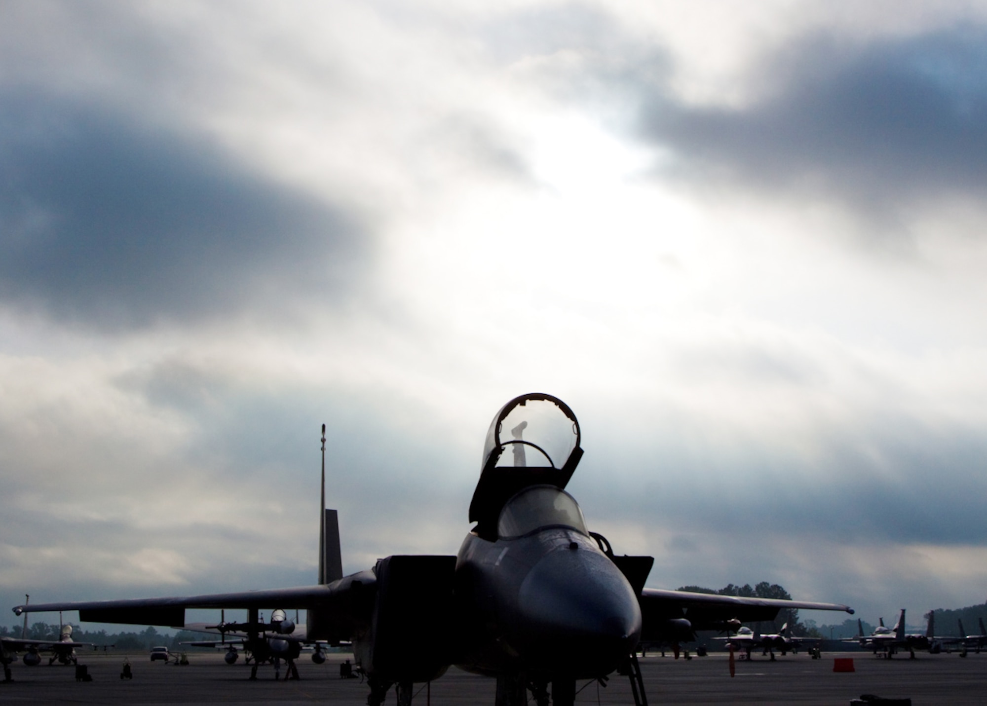 Ten F-15 Eagles from the 33rd Fighter Wing line up on the flightline at a Guard base in Savannah, Ga., to support a joint service Dissimilar Aircraft Training May 11-21. More than 160 personnel left Eglin to participate in their wing's last large force deployment. In October the wing transitions to an Air Education and Training facility to train those who will fly and fix the F-35 Joint Strike Fighter. (U.S. Air Force photo/Tech. Sgt. Russ Wells)
