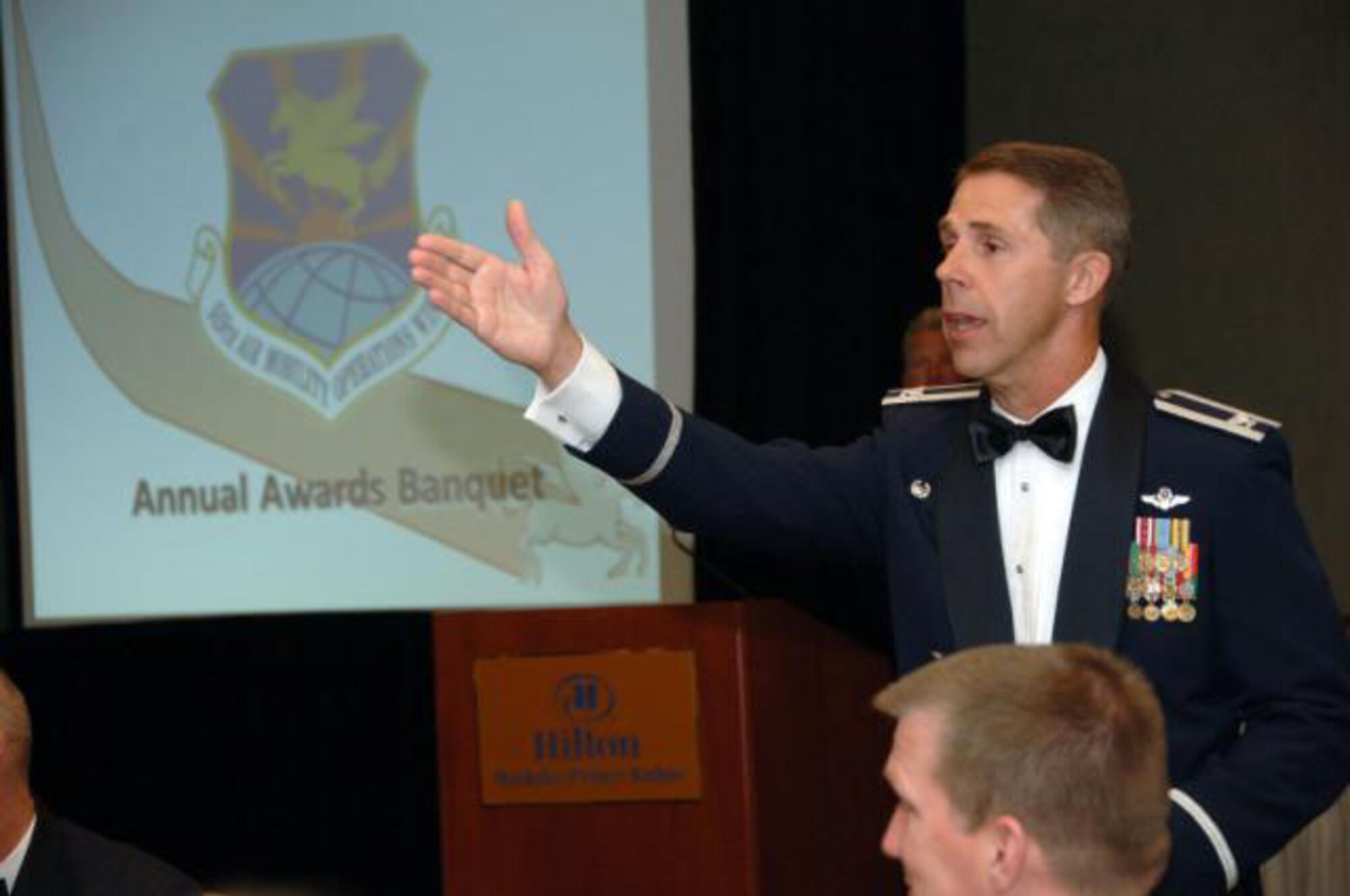 Col. Rich McClain, 515th Air Mobility Operations Wing commander, recognized the wing's annual award winners during its inagural 2008 Annual Awards Banquet. (Courtesy photo)