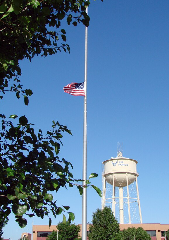 The flag flew at half-staff at Vance Thursday, May 28, in honor of retired Chief Master Sgt. of the Air Force Paul W. Airey, who died March 11 in Panama City, Fla. Chief Airey was the first to hold the top enlisted position of Chief Master Sgt. of the Air Force, serving in the job from April 3, 1967, to July 31, 1969. (U.S. Air Force photo/Joe B. Wiles) 
