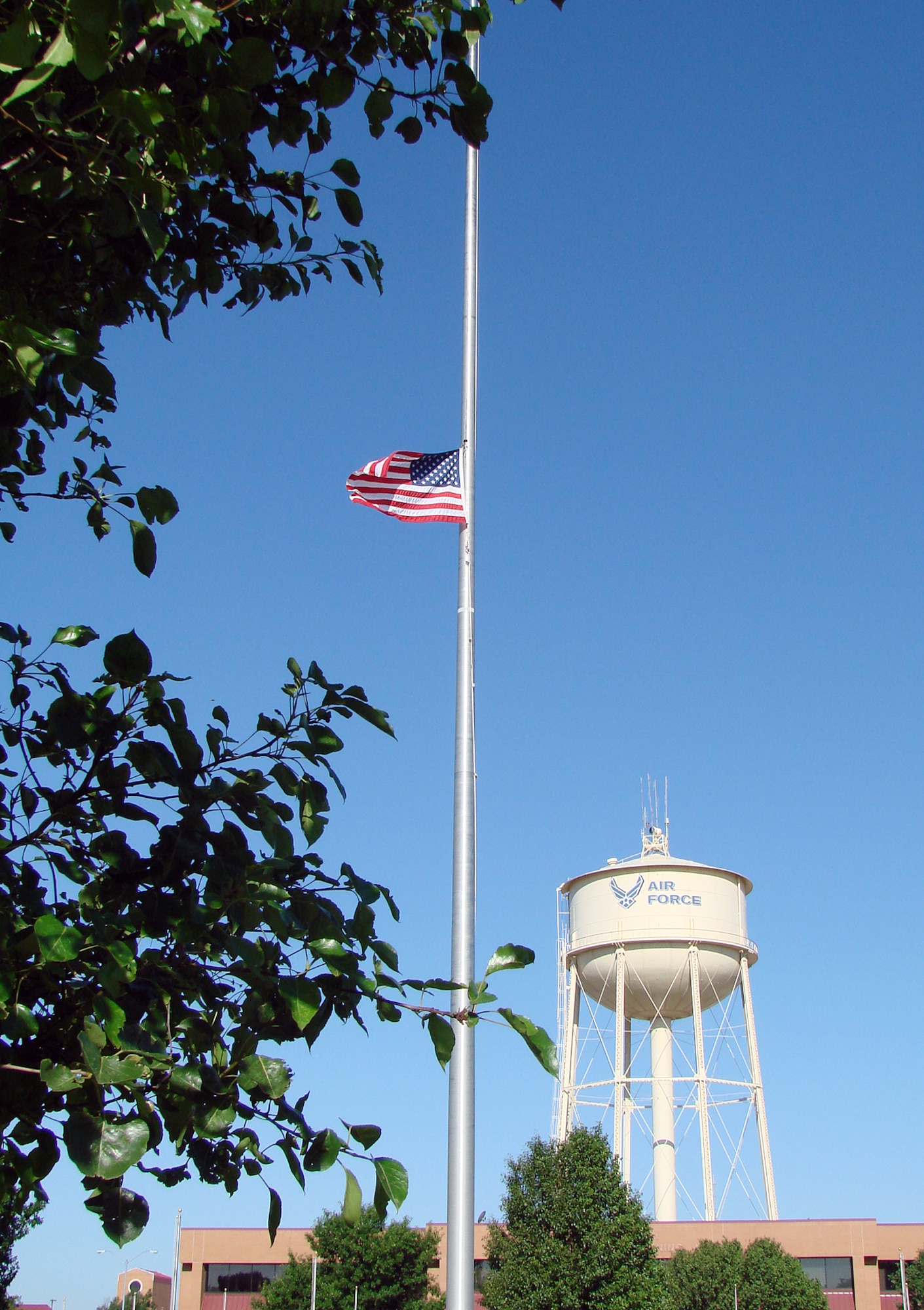 The flag flew at half-staff at Vance Thursday, May 28, in honor of retired Chief Master Sgt. of the Air Force Paul W. Airey, who died March 11 in Panama City, Fla. Chief Airey was the first to hold the top enlisted position of Chief Master Sgt. of the Air Force, serving in the job from April 3, 1967, to July 31, 1969. (U.S. Air Force photo/Joe B. Wiles) 
