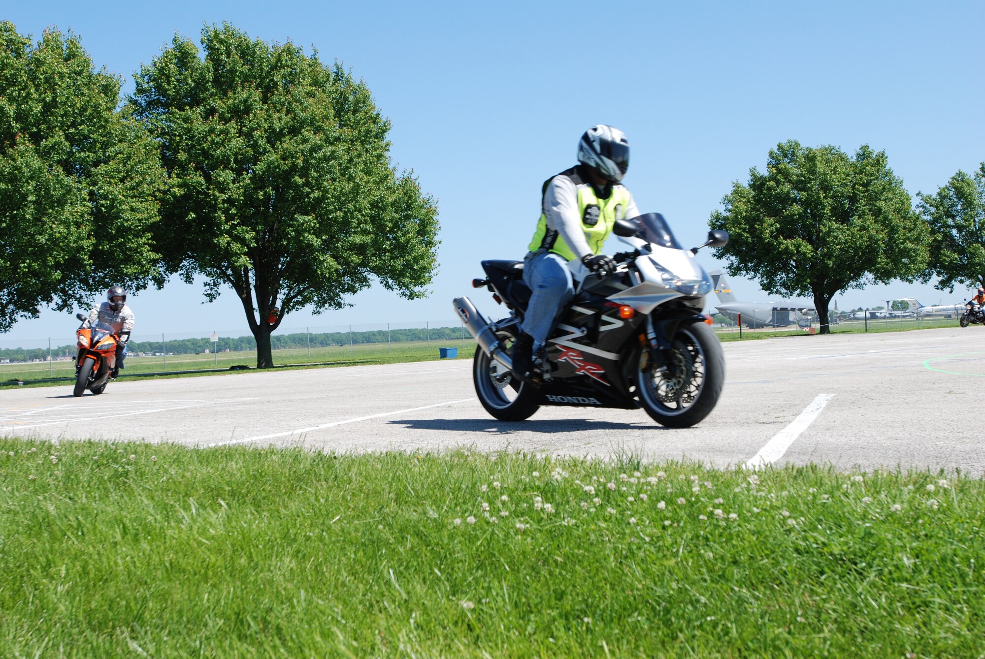 Tech. Sgt. Bruce Alexander and Staff Sgt. Tim Sweet participate in the AMC Sport Bike Safety course. 