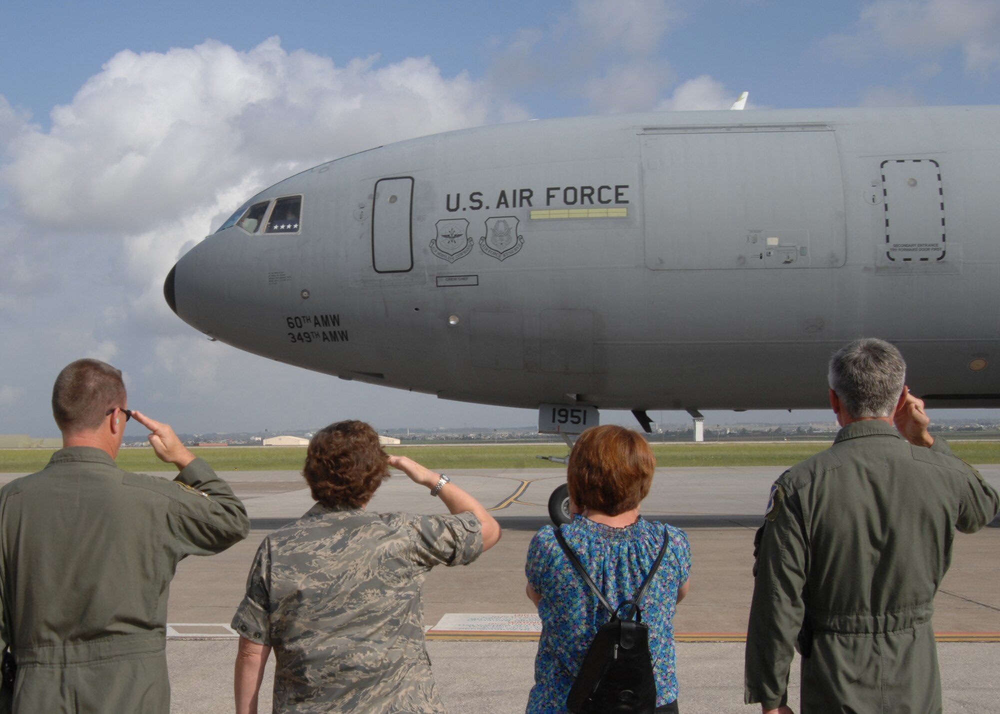 39th Air Base Wing staff salutes Gen. Arthur Lichte, Air Mobility Command commander, upon his departure from Incirlik Air Base, Turkey, May 22, 2009. During his visit General Lichte toured the 728th Air Mobility Squadron and answered their questions about the mission. U.S. Air Force photo/Staff Sgt. Lauren Padden. 