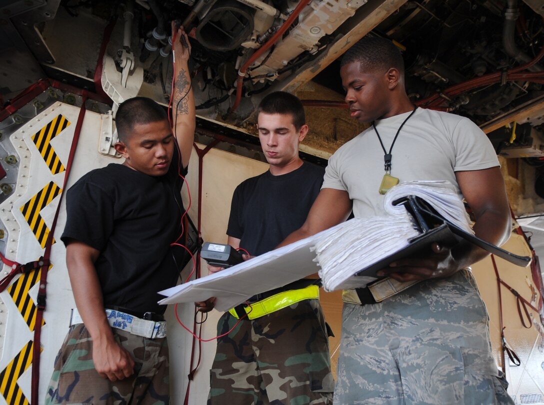 ANDERSEN AIR FORCE BASE, Guam – Airman 1st Class' Andre P. Paqtalunan, William F. Wolf and Staff Sgt. Aqeel S. Mitchell, from the 509th Expeditionary Aircraft Maintenance Unit, troubleshoot continuity at an air turbine starter control valve May 20. (U.S. Air Force photo by Senior Airman Christopher Bush)