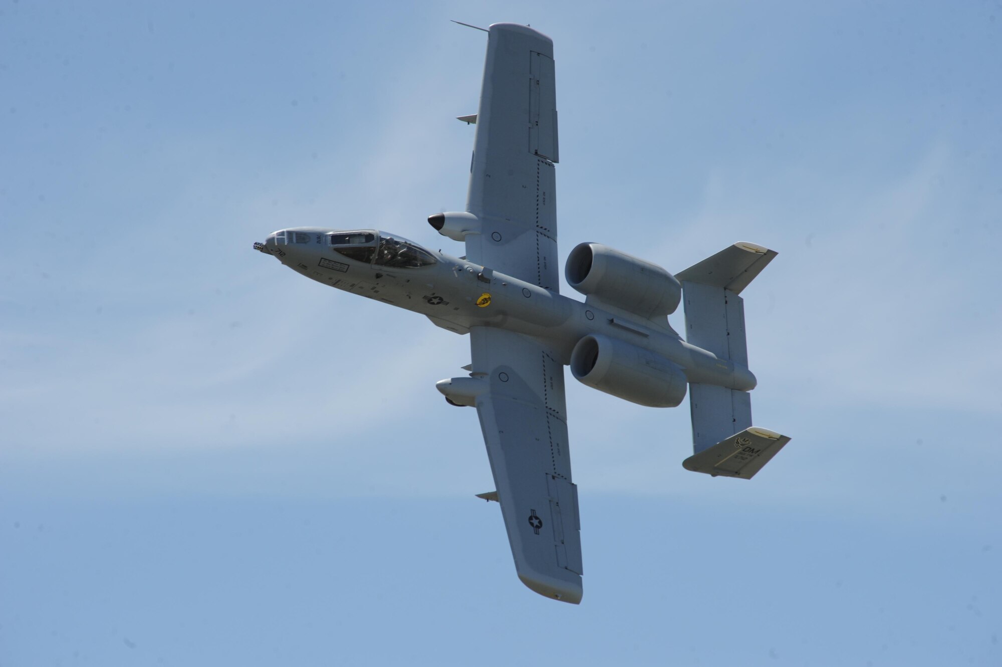 Maj. Paul Brown, Air Combat Command A-10 West Coast Demonstration Team pilot,  “banks” the plane during a practice demonstration here, May 29. The mission of the team is to demonstrate the professional competence of U.S. Air Force personnel, positively affect United States Air Force recruiting and retention efforts, and promote community and international relations. (U.S. Air Force photo/Airmen 1st Class Adam Grant)