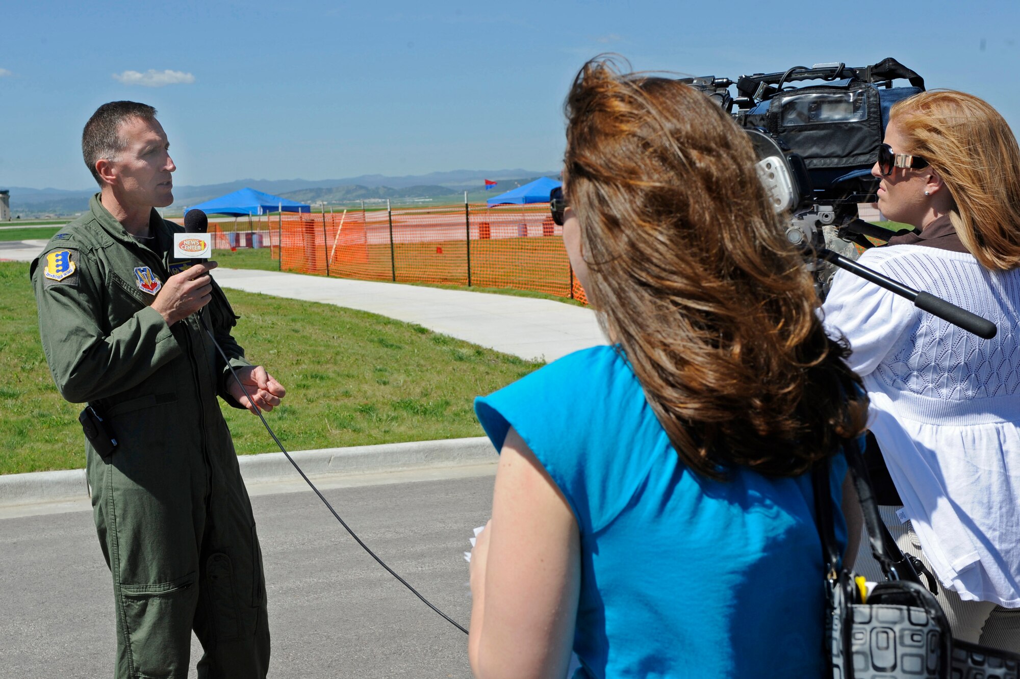 Col. Scott Vander Hamm, 28th Bomb Wing commander, conducts an interview with local media outlets here, May 29.  The local media outlets visited Ellsworth as part of media day for the Dakota Thunder 2009 open house and air show. (U.S. Air Force photo/Airman 1st Class Matthew Flynn)