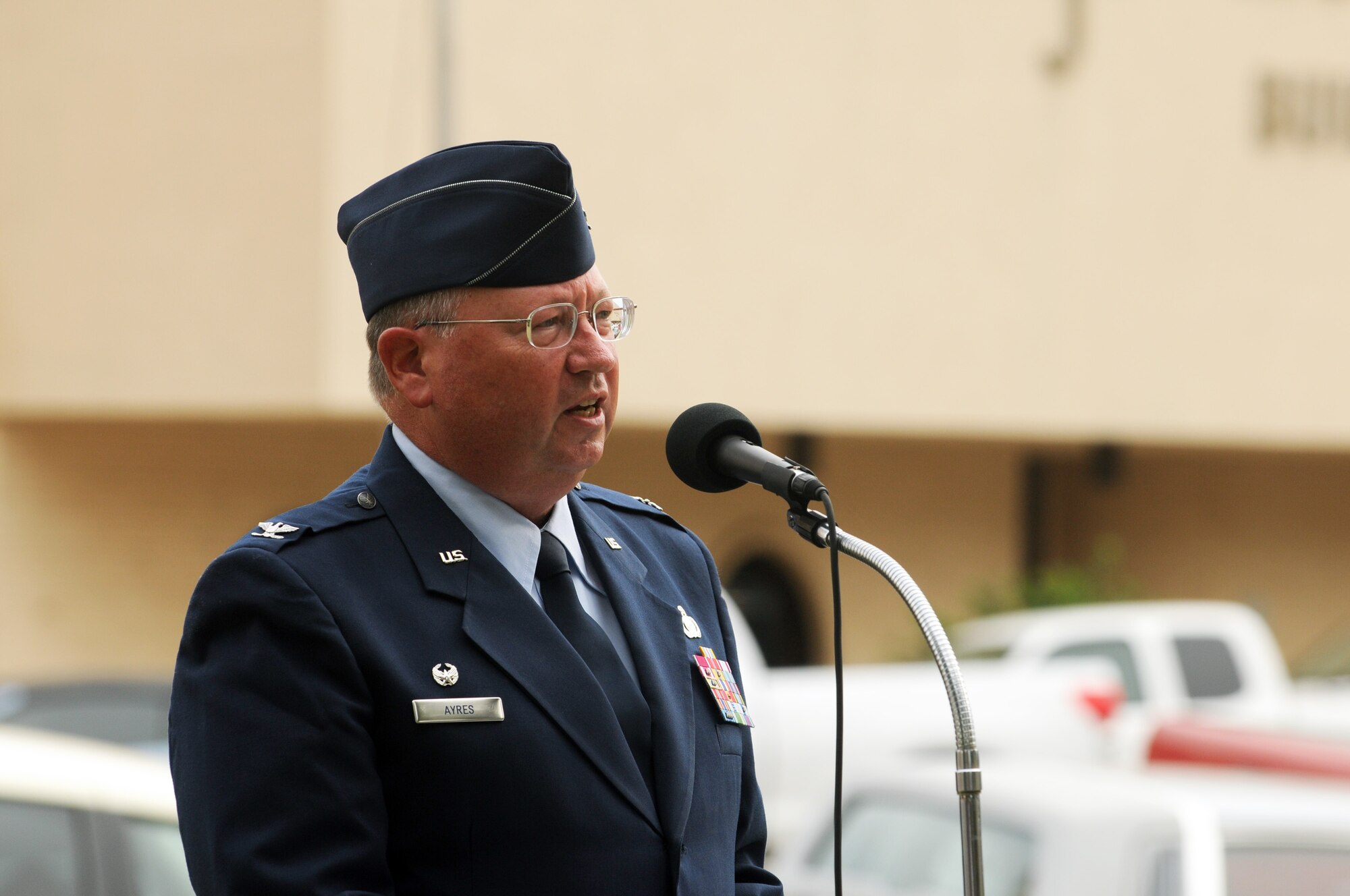 Colonel Richard Ayres, 17th Training Wing commander, was the guest speaker at the Memorial Day Rememberance at Tom Green County Courthouse May 25. Goodfellow servicemembers were also present at a ceremony at the Vietnam Veteran’s Memorial by San Angelo Regional Airport Mathis Field Monday morning. (U.S. Air Force photo by Tech. Sgt. John Barton)