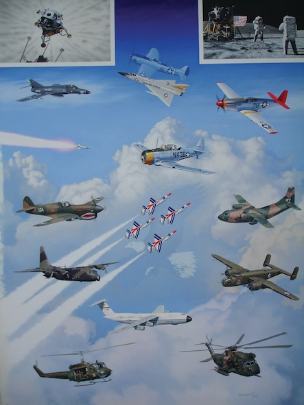 The complete center panel of this year's lithograph depicting aircraft representing each Eagle. (Clockwise from top left) Grumman LM-5 "Eagle" Apollo 11 Flight Director Gene Kranz; Grumman LM-11"Orion" Apollo 16 Commander John Young; North American P-51C "Mustang" Charles McGee; Fairchild C-123K "Provider" Joe Jackson; North American B-25B "Mitchell" David Thatcher; Sikorsky HH-53C "Super Jolly Green Giant" Wayne Fisk; Bell UH-1 "Iroquios" Bruce Crandall; Lockheed MC-130E "Combat Talon I" James Hobson; Curtiss P-40E "Warhawk" John Alison; Dassault Super Etendard "Standard" Augusto Bedacarratz; (middle from top) Convair F-106A "Delta Dart" Jack Broughton; North American AT-6 "Texan" Elizabeth Strohfus; Northrop T-38A "Talon" Lloyd Newton; Lockheed C-5A "Galaxy" Regina Aune. 