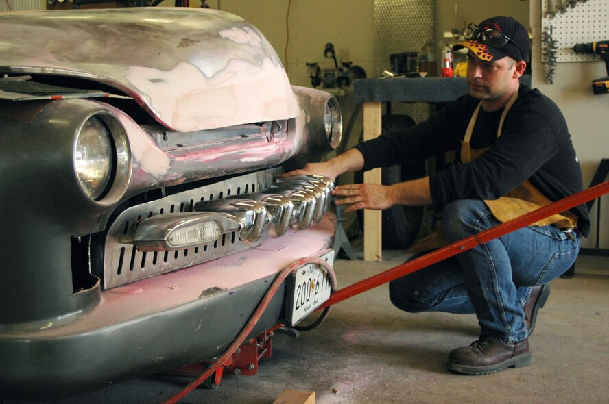 Senior Airman Michael Wright, 512th Maintenance Squadron, is restoring a 1950 Ford Mercury.  Airman Wright and his wife, Angie, own their own metals shop. They are both members of the 512th Airlift Wing, the only Air Force Reserve unit in Delaware. (U.S. Air Force photo/Capt. Marnee A.C. Losurdo)