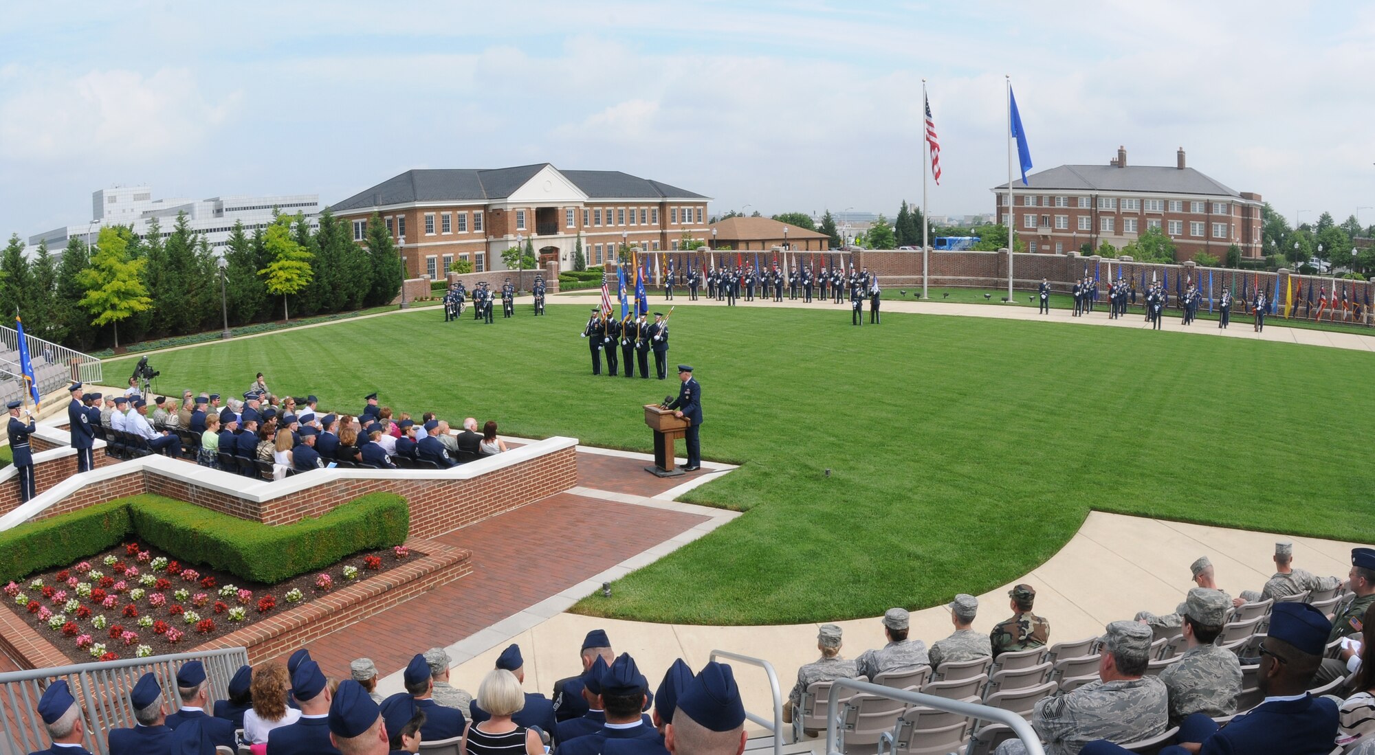 Lt. Gen. Harry M. Wyatt III, Air National Guard director, gives a few remarks before retiring Richard A. Smith, Air National Guard Command Chief Master Sgt., May 29 on the Bolling ceremonial lawn. Chief Smith served as the ninth command chief master sergeant for the Air National Guard after being selected by Lieutenant General Daniel James III in July 2004. (U.S Air Force photo by Senior Airman Alexandre Montes)