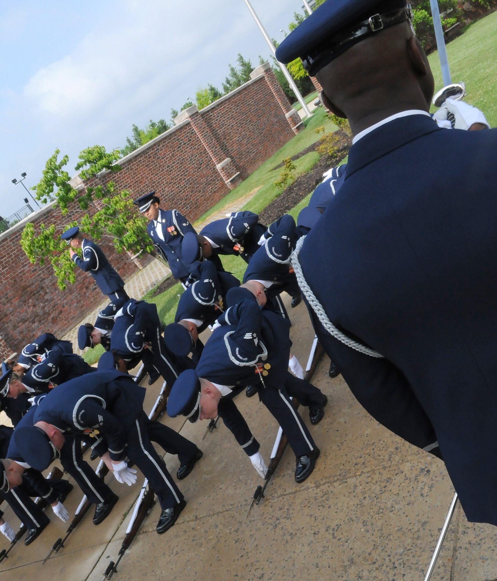The U.S. Air Force Honor Guard prepares their formation prior to the retirement of Command Chief Master Sgt. Richard A. Smith, Air National Guard command chief master sergeant, May 29 on the Bolling ceremonial lawn. Chief Smith served as the ninth command chief master sergeant for the Air National Guard after being selected by Lt. Gen. Daniel James III in July 2004. (U.S Air Force photo by Senior Airman Alexandre Montes)