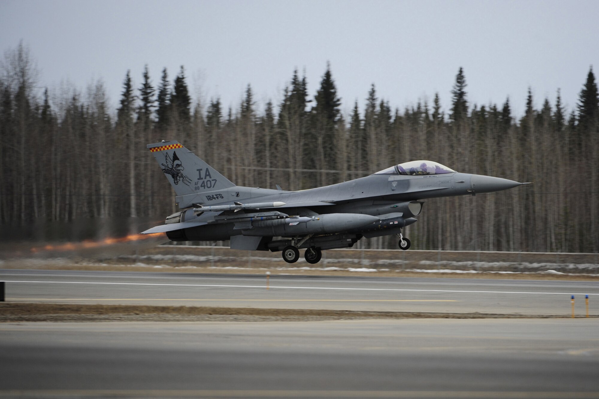 An F-16 C+ launches from Eielson Air Force Base (AFB), Fairbanks, Alaska in support of Red Flag 09-2 on April 23, 2009.  This F-16 C+ is assigned to the 132d Fighter Wing, Des Moines, Iowa and is currently deployed to Eielson AFB for combat readiness training.   (U.S. Air Force photo/Senior Airman Jonathan Snyder)  (Released)