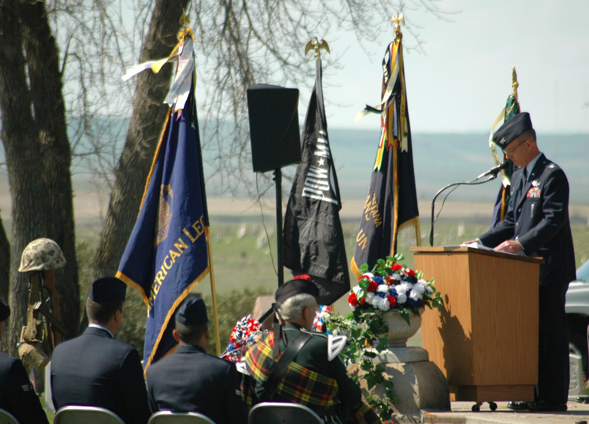 Col. Michael Fortney, 341st Missile Wing commander, delivers a Memorial Day speech May 25 at Highland Cemetery in Great Falls. (U.S. Air Force photo/Senior Airman Dillon White)