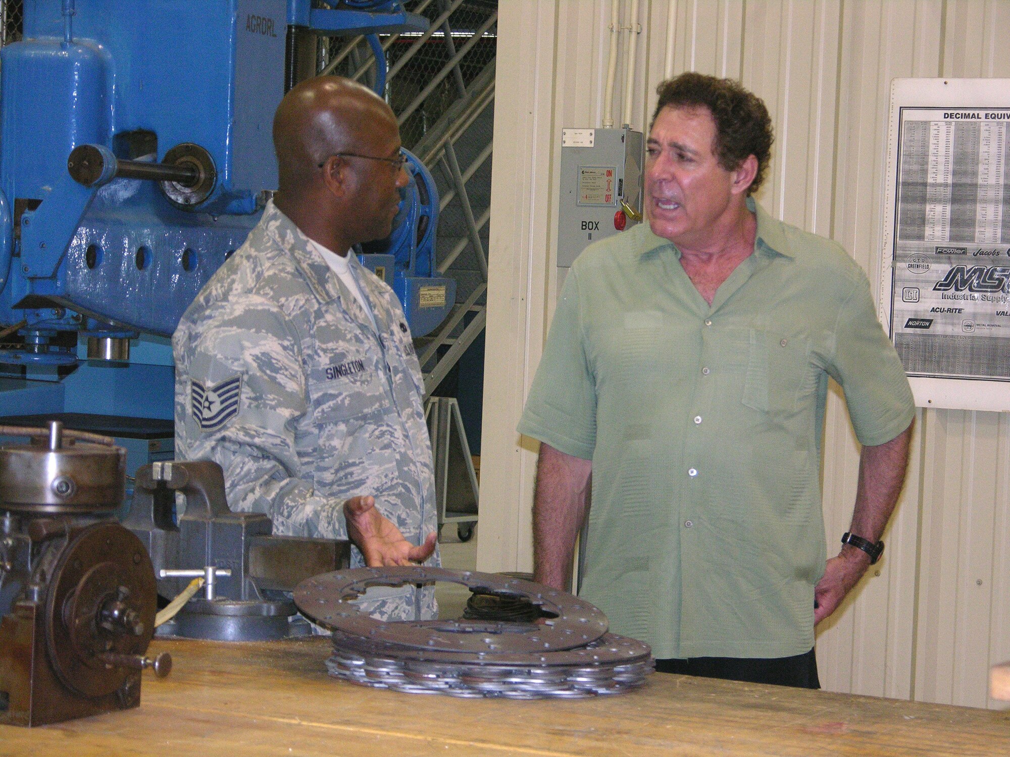 SEYMOUR JOHNSON AIR FORCE BASE, N.C. -- Tech. Sgt. Charles Singleton, 911th Air Refueling Squadron, talks to Mr. Barry Williams, actor. Mr. Williams took a tour of the 916th Air Refueling Wing maintenance backshops while visiting here in late May.