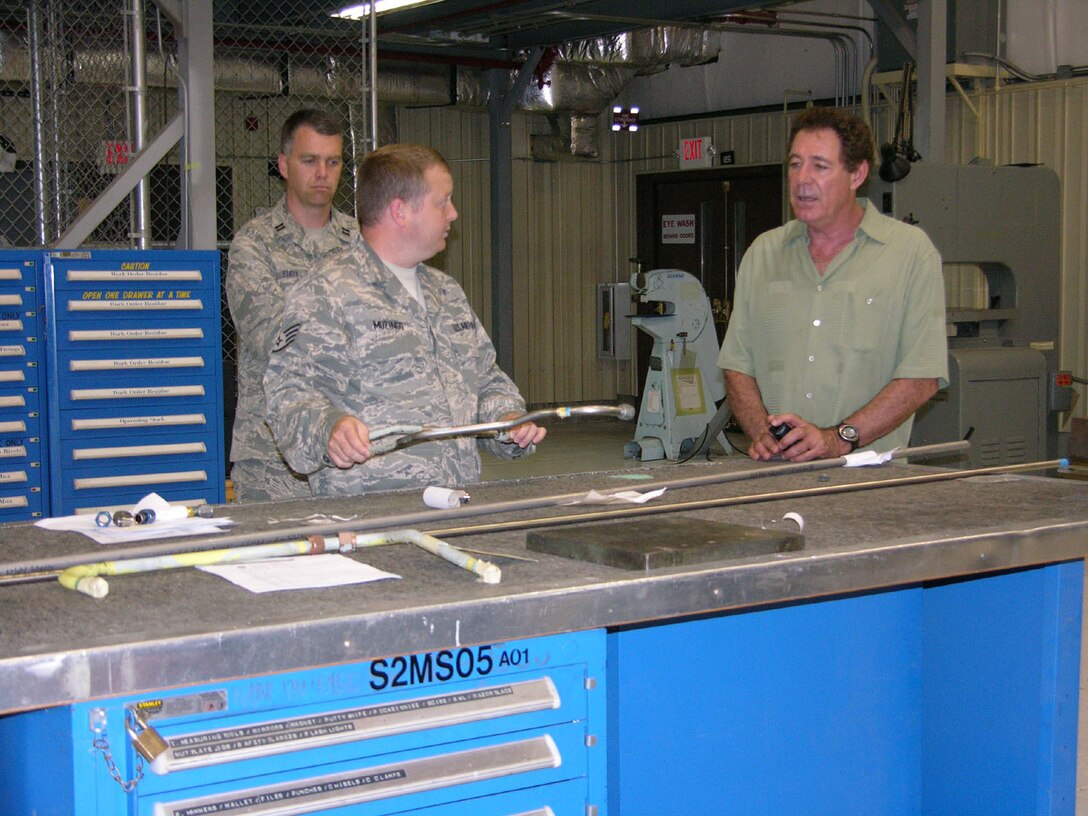 SEYMOUR JOHNSON AIR FORCE BASE, N.C. -- Actor Barry Williams tours the 916th Maintenance Group backshops in late May. Mr. Williams is a fan of the Air Force Reserve wing, having flown with them in 2007 and returning here to tour the base and be inducted as an honorary member of the active duty 4th Fighter Wing's chiefs squadron.