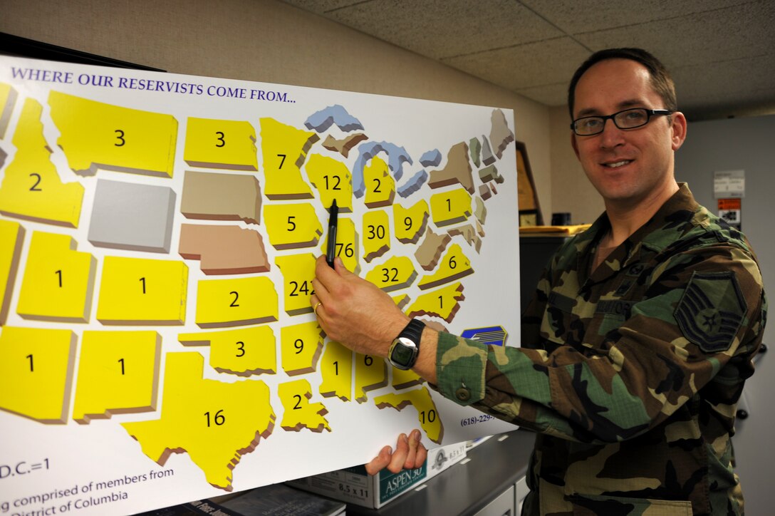 Master Sergeant Brady Kiel points out his home state.  He is an Air Force Reservist who commutes on training weekends to the 932nd Airlift Wing at Scott Air Force Base, Ill.