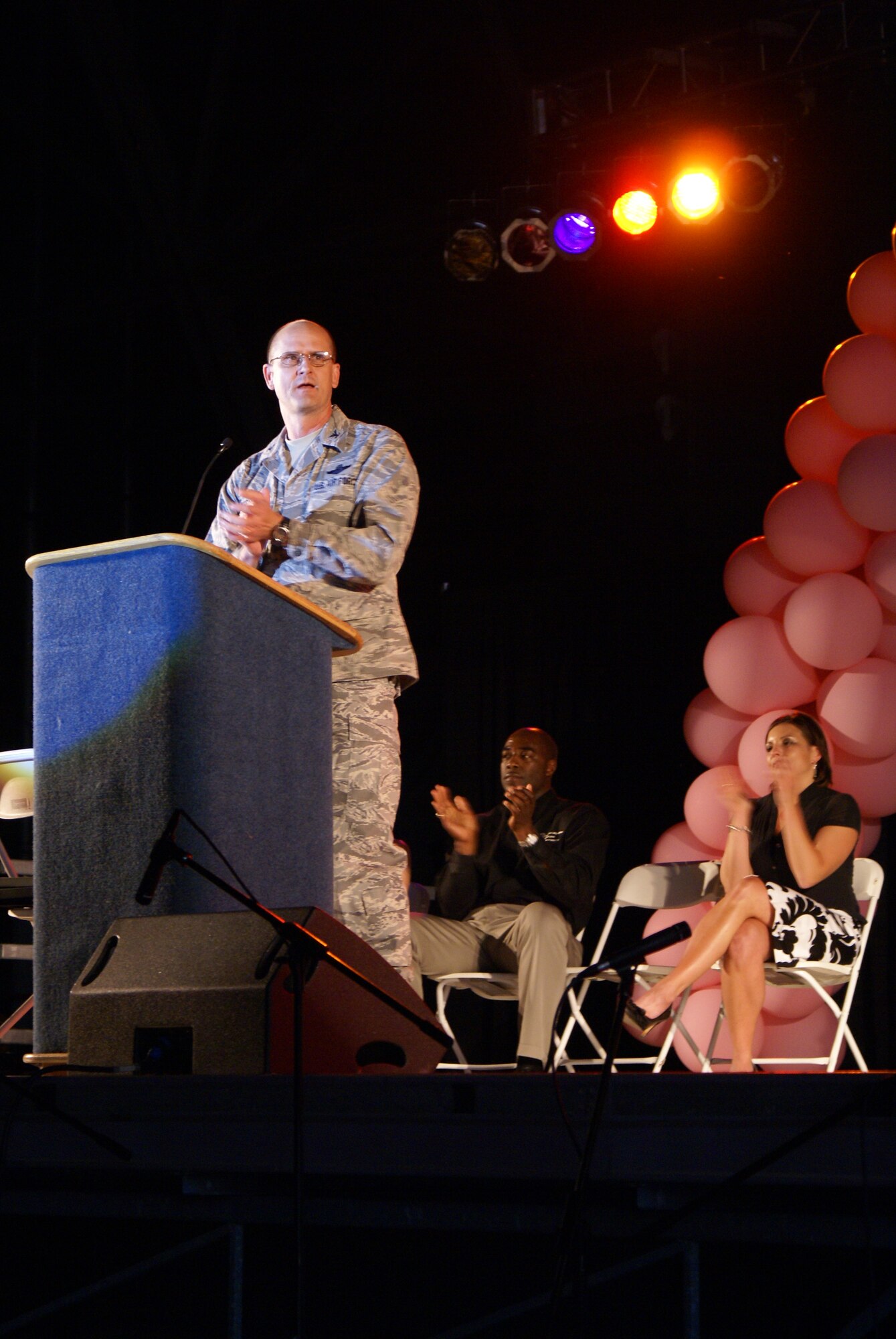 Col. Jeffrey Stephenson, 62nd Airlift Wing commander, welcomes athletes, their families and volunteers to opening ceremonies of the annual Special Olympics Washington Summer Games here May 29. McChord and Fort Lewis are teamed up to host more than 8,000 athletes, coaches and volunteers participating in the annual Summer Games. Events including aquatics, athletics (field events), cycling, power lifting, and soccer are part of this year's competition. (U.S. Air Force photo/Staff Sgt. Eric Burks)