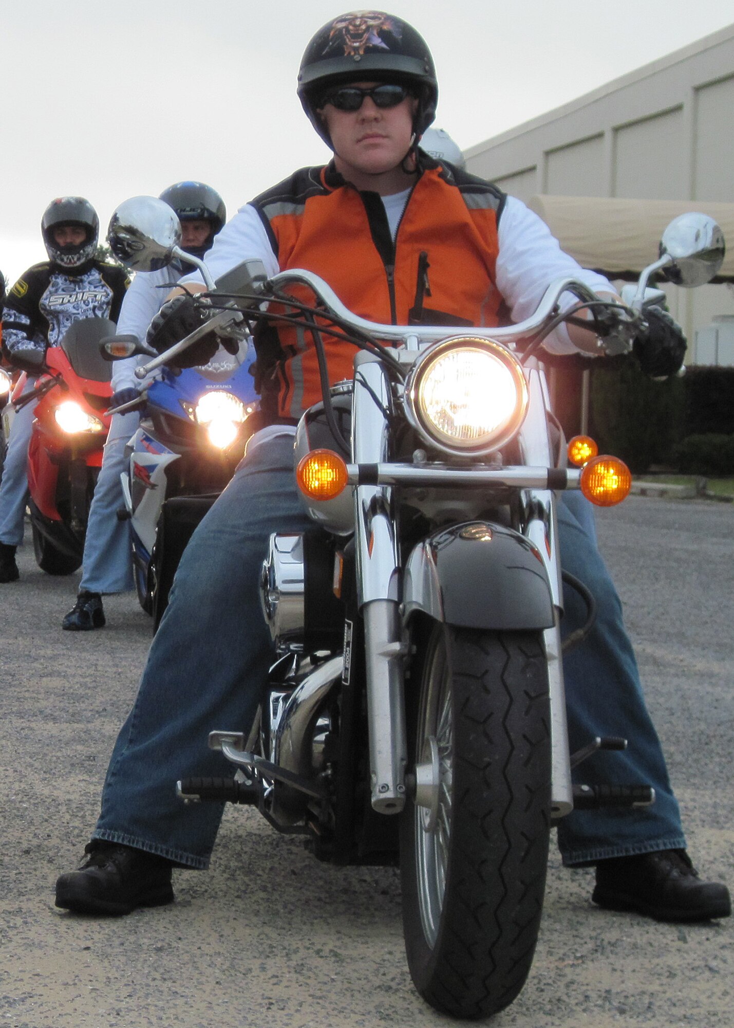 Tech. Sgt. Daniel Mayo, 33rd Fighter Wing motorcycle mentor, leads a group of riders on a motorcycle "sortie" designed with safety in mind.  The wing treated the ride as a sortie including briefings on safety and threat assessments like sand on the roadways. (Air Force photo/Ashley M.Wright)

