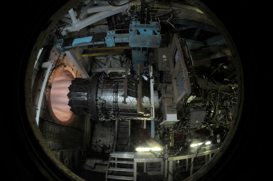 This F-35 Joint Strike Fighter F135 engine, undergoing ground testing in Arnold Engineering Development Center's J-2 test cell, set a record for the longest duration test ever at the test center, logging 52 consecutive hours. (Photo by Rick Goodfriend)