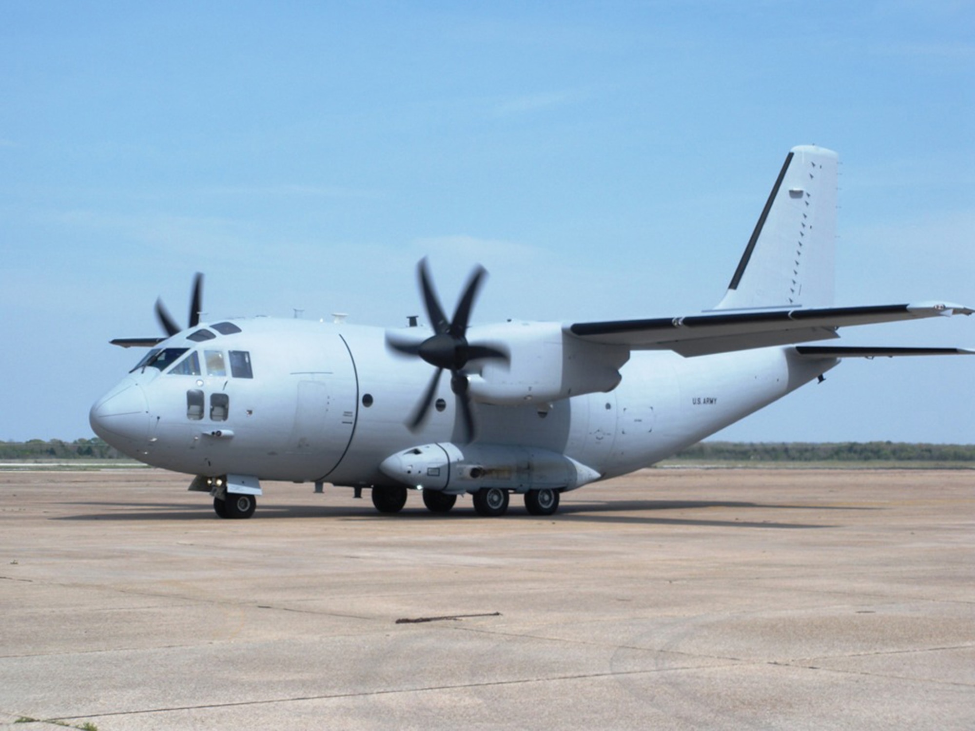 A C-27J Spartan taxis on the ramp at Redstone Arsenal, Ala., during flight testing in early 2009. Air Force officials plan to add 38 C-27Js to its inventory, which will be operated by the Air National Guard. (U.S. Air Force photo)