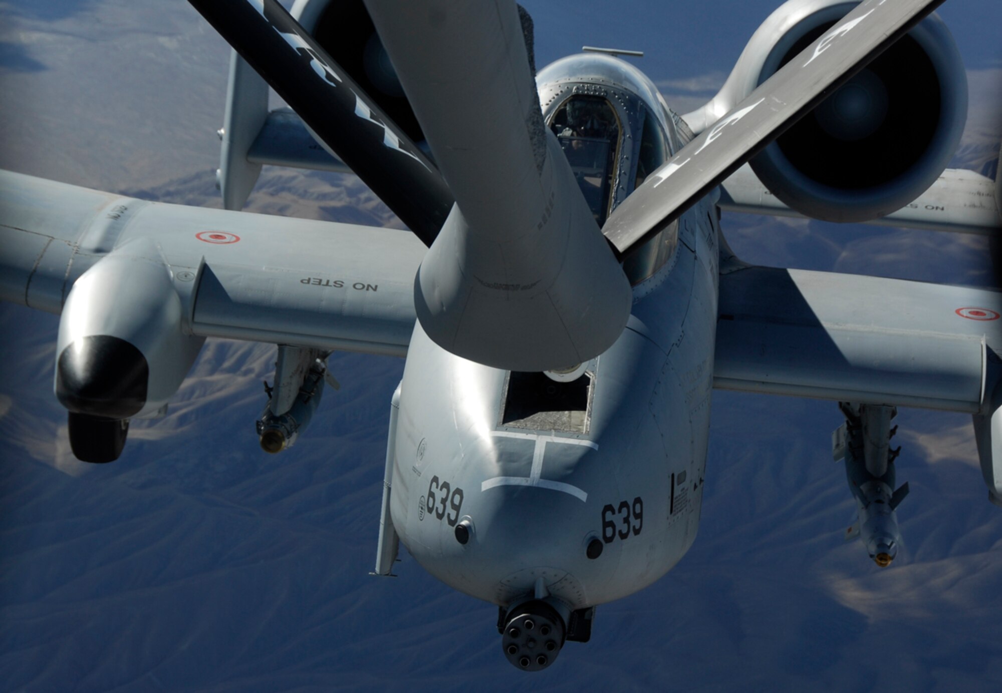An A-10C Thunderbolt II Warthog with the 188th Fighter Wing prepares to refuel over the Mojave Desert near Nellis Air Force Base, Nev., Oct. 14. The aerial refueling was a small part of training the 188th conducted during a two-week deployment to Green Flag West in preparation for the unit’s upcoming Aerospace Expeditionary Force (AEF) rotation in Afghanistan in spring 2010. (U.S. Air Force photo by Capt. Heath Allen/188th Fighter Wing Public Affairs)