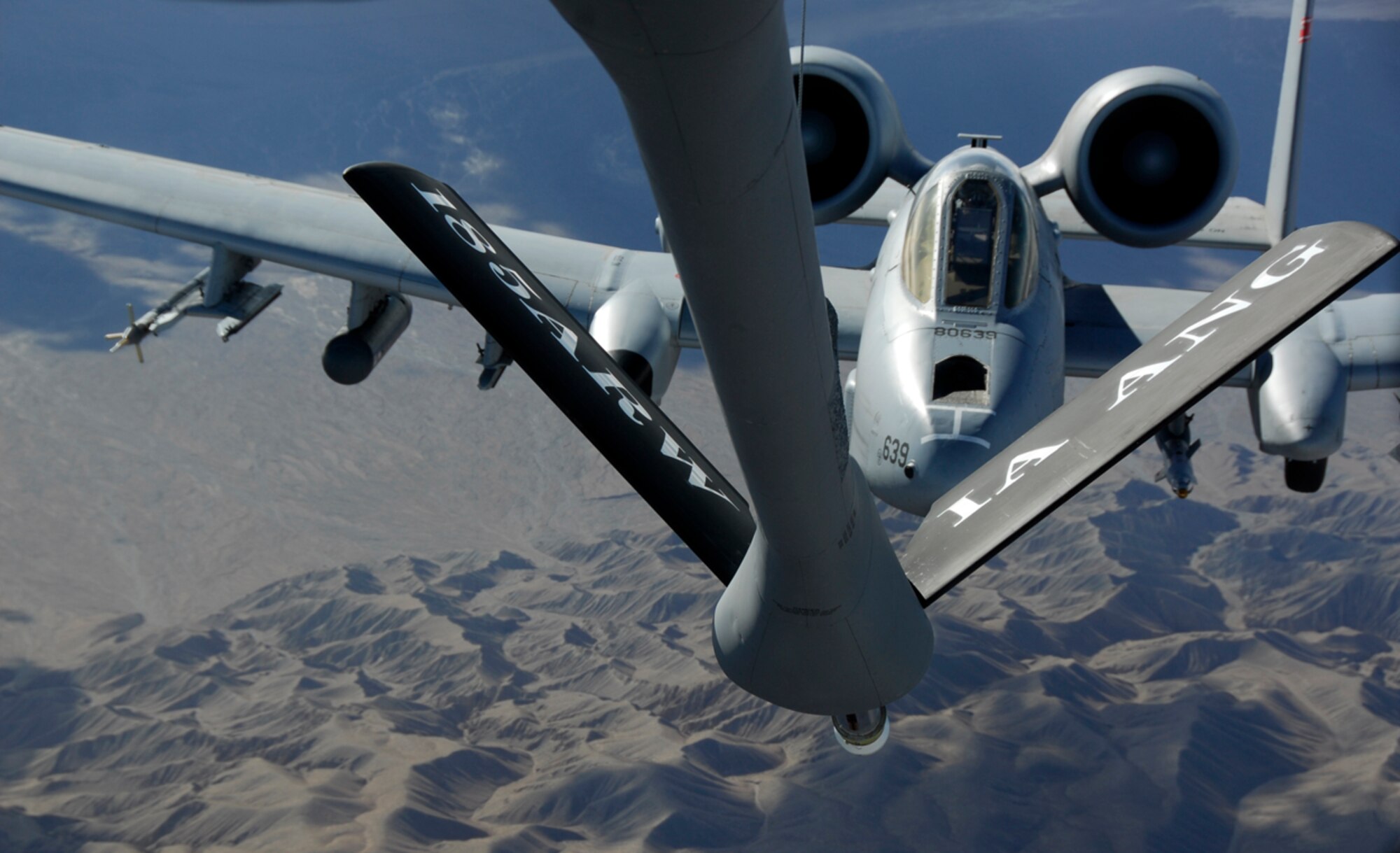 An A-10C Thunderbolt II Warthog with the 188th Fighter Wing prepares to refuel over the Mojave Desert near Nellis Air Force Base, Nev., Oct. 14. The aerial refueling was a small part of training the 188th conducted during a two-week deployment to Green Flag West in preparation for the unit’s upcoming Aerospace Expeditionary Force (AEF) rotation in Afghanistan in spring 2010. (U.S. Air Force photo by Capt. Heath Allen/188th Fighter Wing Public Affairs)