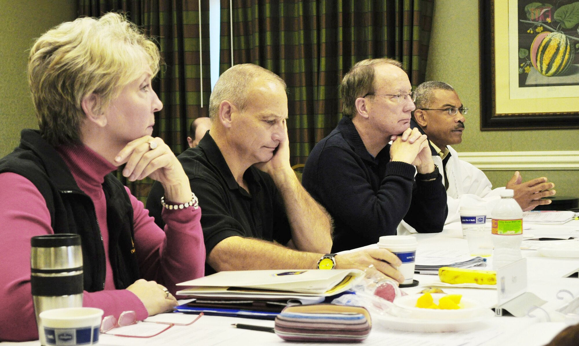 Ann Mitchell, Maj. Gen. James M. Kowalski, Lt. Gen. Frank G. Klotz and Chief Master Sgt. Jack Johnson consider a presentation by retired Gen. Gregory S. Martin during the Air Force Global Strike Command senior leader off-site meeting to develop a mission and vision statement for the new command Oct. 16 in Vicksburgh, Miss. Ms. Mitchell is the director of installations, logistics and mission support for Air Force Global Strike Command, General Kowalski is the AFGSC vice commander. General Klotz is the AFGSC commander, and Chief Johnson is the command chief for AFGSC. (U.S. Air Force photo/Master Sgt. John Asselin)
