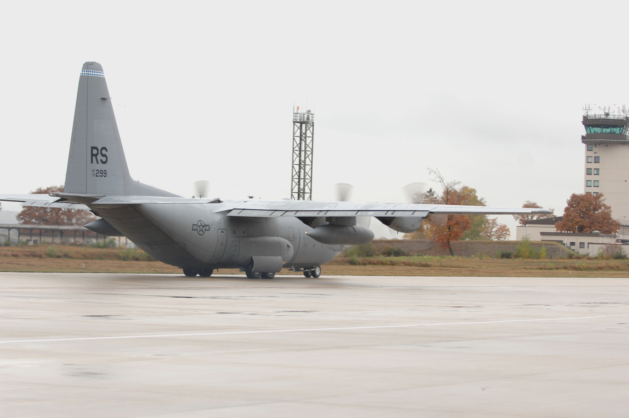 Ramstein's last C-130E Hercules prepares to take off for its final departure from Ramstein Air Base, Germany, Nov. 2, 2009. The C-130E Hercules has provided more than 40 years of airpower to U.S.  Air Forces in Europe, and is being replaced with the new C-130J Super Hercules as part of the revitalization of the Air Force fleet. (U.S. Air Force photo by Airman 1st Class Caleb Pierce)