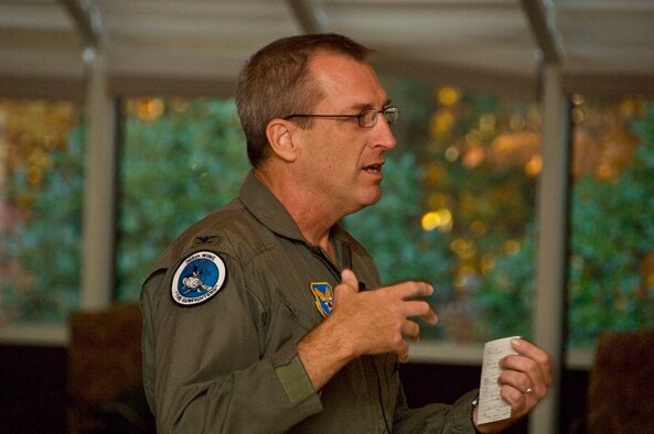 Col. William Andrews addresses the Heritage of Freedom forum at the Minuteman Club Oct. 29, 2009. He spoke about his time as an F-16 mission commander being shot down and taken prisoner of war during Desert Storm in 1991. (U.S. Air Force photo by Mark Herlihy)