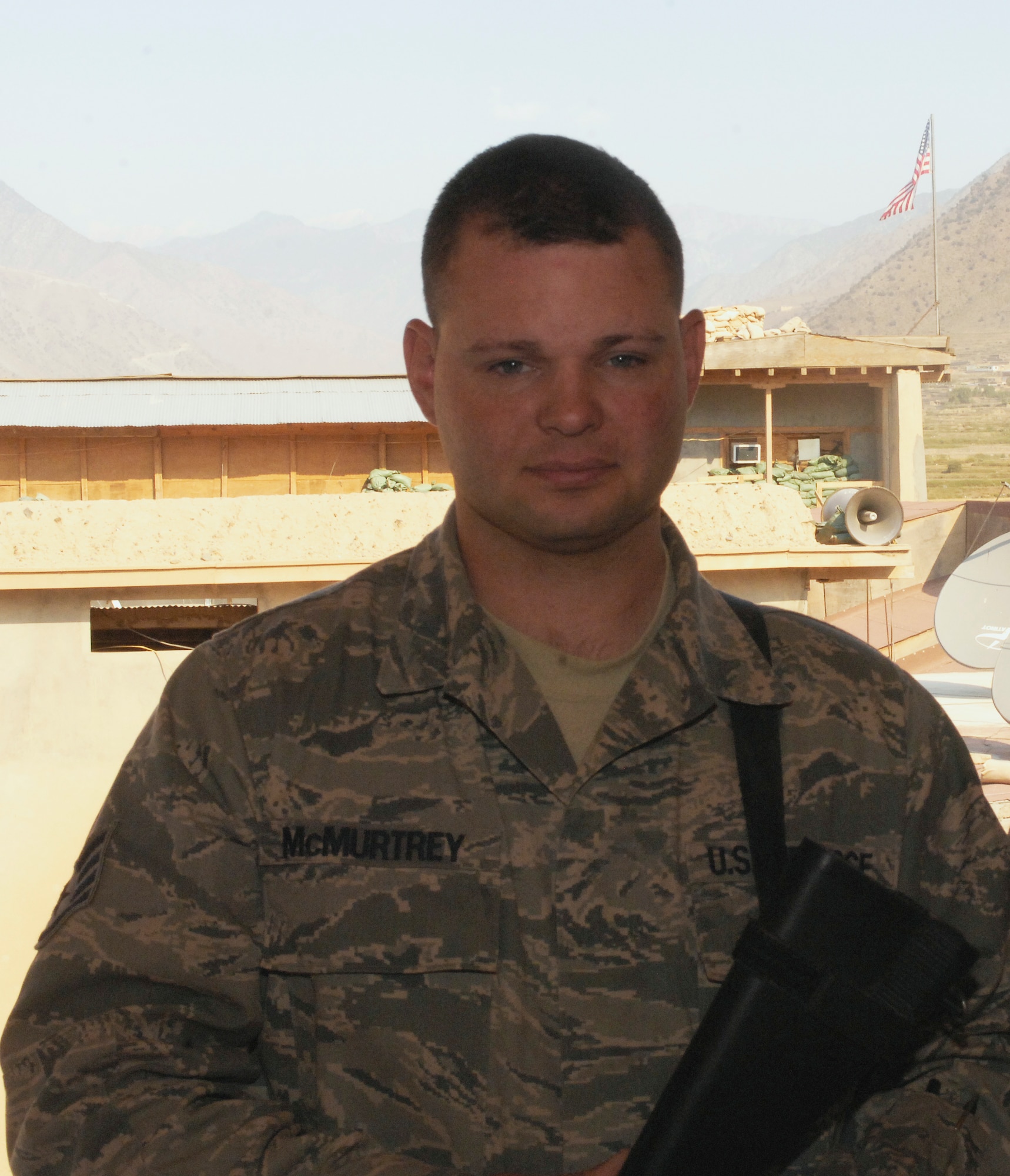 FORWARD OPERATING BASE BOSTICK, Afghanistan -- Staff Sgt. Matthew McMurtrey, a JET Airman from the 755th Air Expeditionary Group, based at Bagram Airfield, was attached to the Army’s 3rd Squadron, 61st Calvary, 4th Brigade, 4th Infantry Division at Combat Outpost Keating. His job there was to set up and maintain a satellite system used to provide Soldiers with internet accessibility. While at COP Keating he found himself in the middle of an attack by hundreds of insurgents armed with assault rifles and rocket propelled grenades. (U.S. Air Force photo/Tech. Sgt. John Jung)