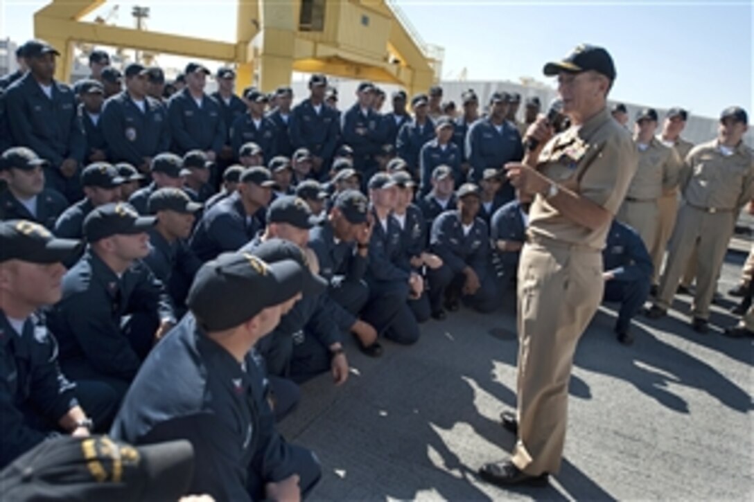 U.S. Navy Adm. Mike Mullen, chairman of the Joint Chiefs of Staff, addresses the crew of Precommissioning Unit Dewey at Northrop Grumman Shipyard in Pascagoula, Miss., Nov. 1, 2009. Mullen and his wife Deborah, the ship's sponsor, stepped the ship's mast in a ceremony placing pieces of good luck inside the ship's structure that will remain there until its decommissioning.