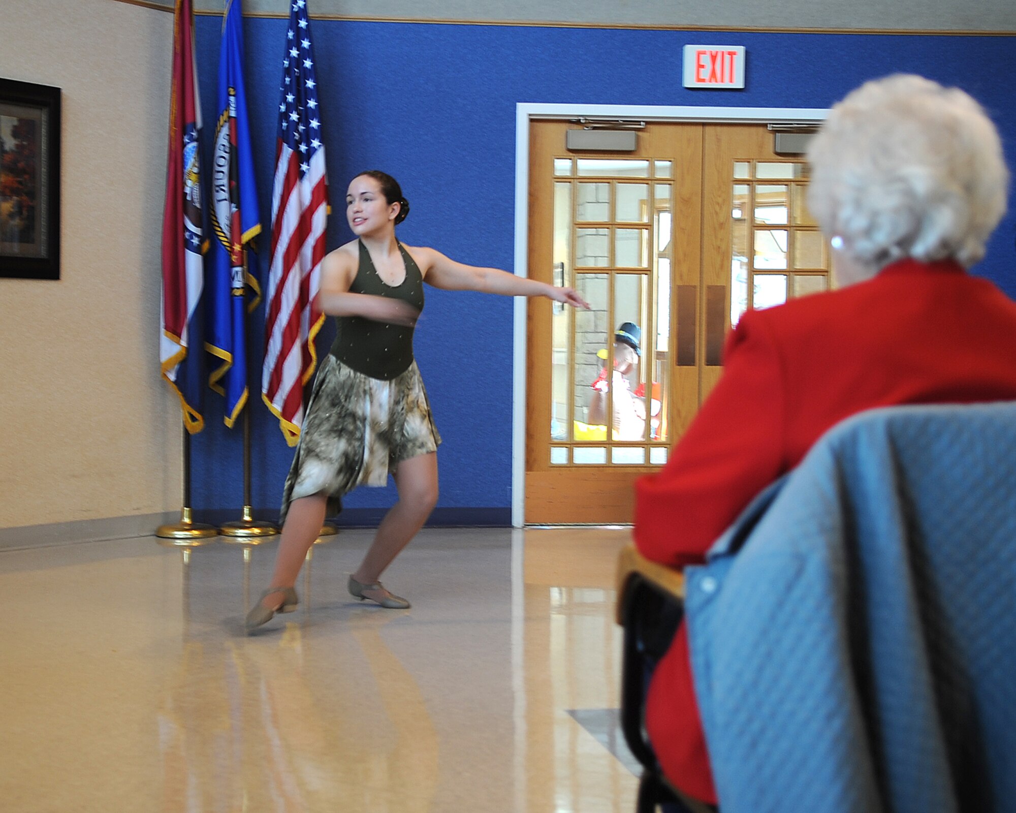 WHITEMAN AIR FORCE BASE, Mo., -- Sarah Wesley, a local dancer, performs a lyrical dance for veterans at the Missouri Veterans Home Tuesday.  Volunteers from Whiteman Air Force Base put on a two-hour show consisting of singing, dancing and entertainment for the veterans in Warrensburg, Mo. (U.S. Air Force photo/Airman 1st Class Torey Griffith) (Released)