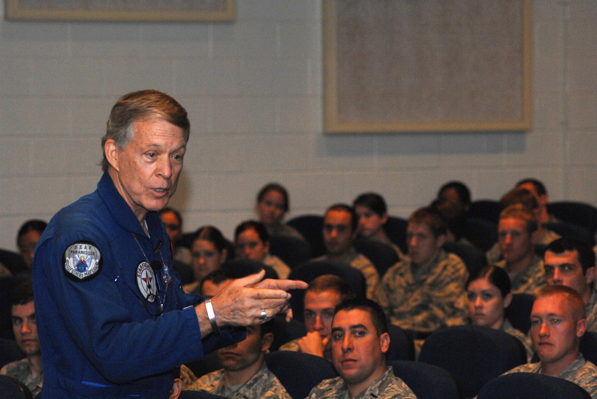 Brigadier General Steve Ritchie speaks to personnel at Goodfellow AFB on Oct. 29 about being America's last Ace.  Gen. Ritchie is one of the most highly decorated individuals in U.S. military history.  He was the only Air Force "Ace" of the Vietnam conflict and is the only American pilot to down five MiG-21s and may be the last fighter pilot Ace in the history of aerial combat.  (U.S. Air Force / Staff Sgt. Jon Dumond)