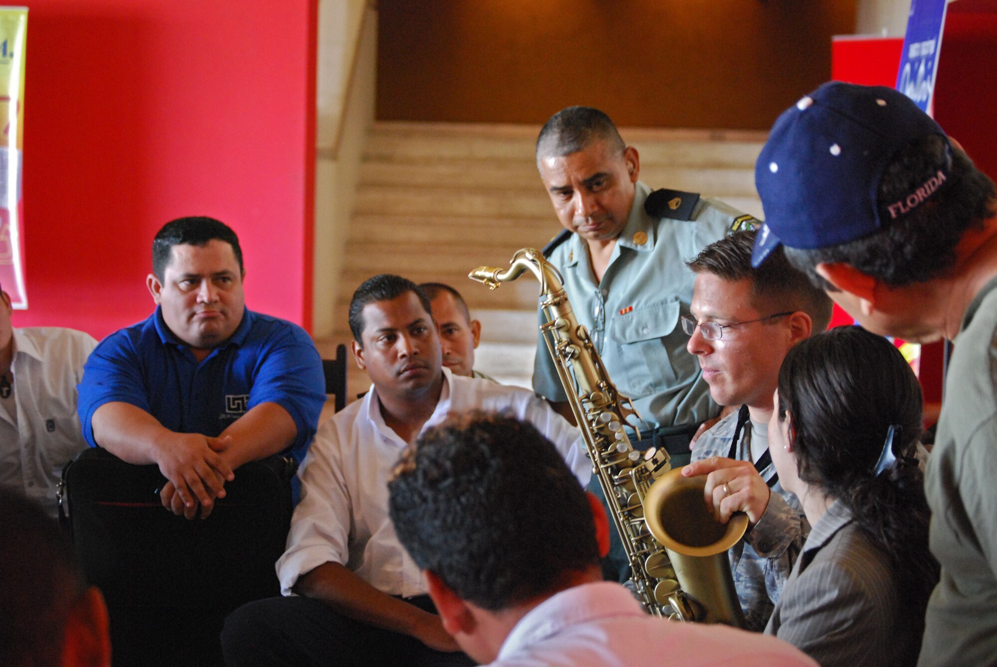 El Salvador, TSgt Jason Baedke demonstrates his saxophone during a Subject Matter Expert Exchange.
