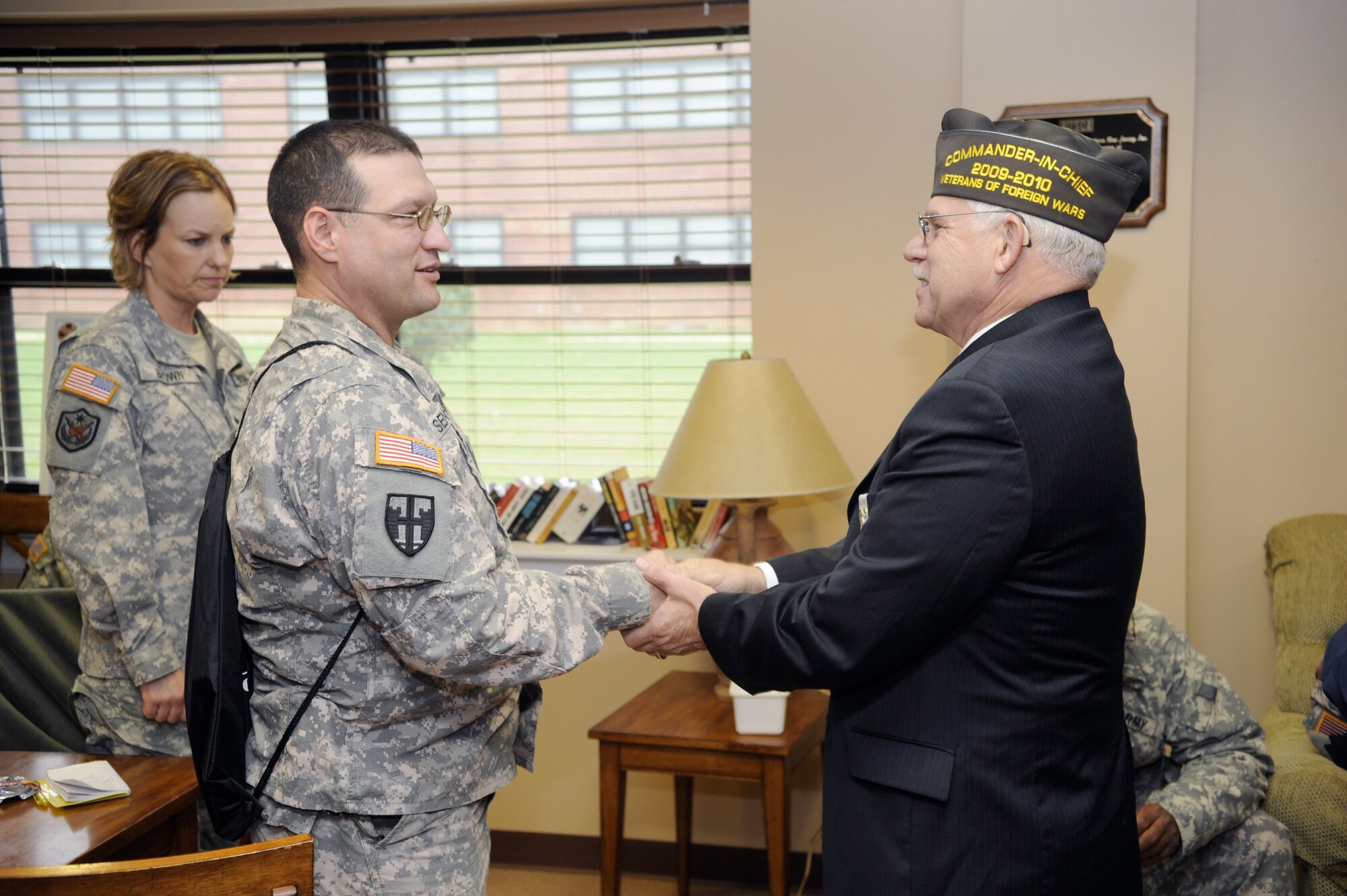 Thomas J. Tradewell, commander in chief of Veterans of Foreign Wars, visits the Wounded Warriors on Dix Oct.29. He handied out VFW pins and thanked them for their service to the country. Mr. Tradewell spoke about the VFW, veterans' issues and quality of life initiatives for active -duty, Reserve, and Guard members. Mr. Tradewell served in the U.S. Army from 1966 to 1968 with B Company 26th Engineers 198th Light Infantry Brigade in South Vietnam as a demolition specialist. (U.S. Air Force photo/Carlos Cintron)