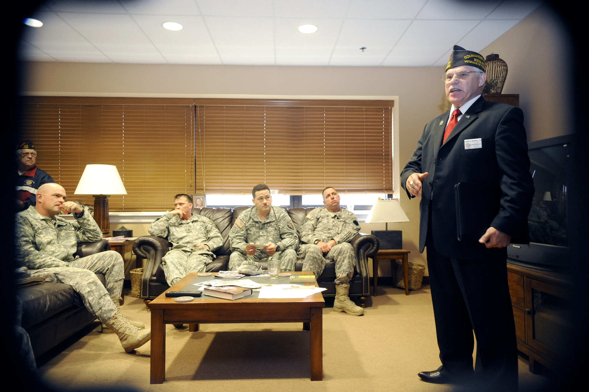 Thomas J. Tradewell, commander in chief of Veterans of Foreign Wars answered  a variety of Soldiers' questions during his visit  to Joint Base McGuire-Dix-Lakehurst Oct. 29.  Mr. Tradewell spoke about the VFW, veterans' issues and quality of life initiatives for all military members. (U.S. Air Force photo/Carlos Cintron)

