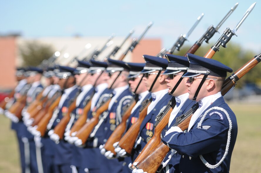 The United States Air Force Honor Guard Drill Team performs for Airmen at Randolph Air Force Base, Texas. on Oct. 30.  The Drill Team tours worldwide representing all Airmen while showcasing Air Force precision and professionalism and personifying the integrity, discipline, and teamwork of every Airman and every Air Force mission. During the Air Force Honor Guard's 60-year history, their traveling component, the Drill Team, has performed in every state of the union and many countries abroad. (U.S. Air Force photo by Senior Airman Sean Adams) 