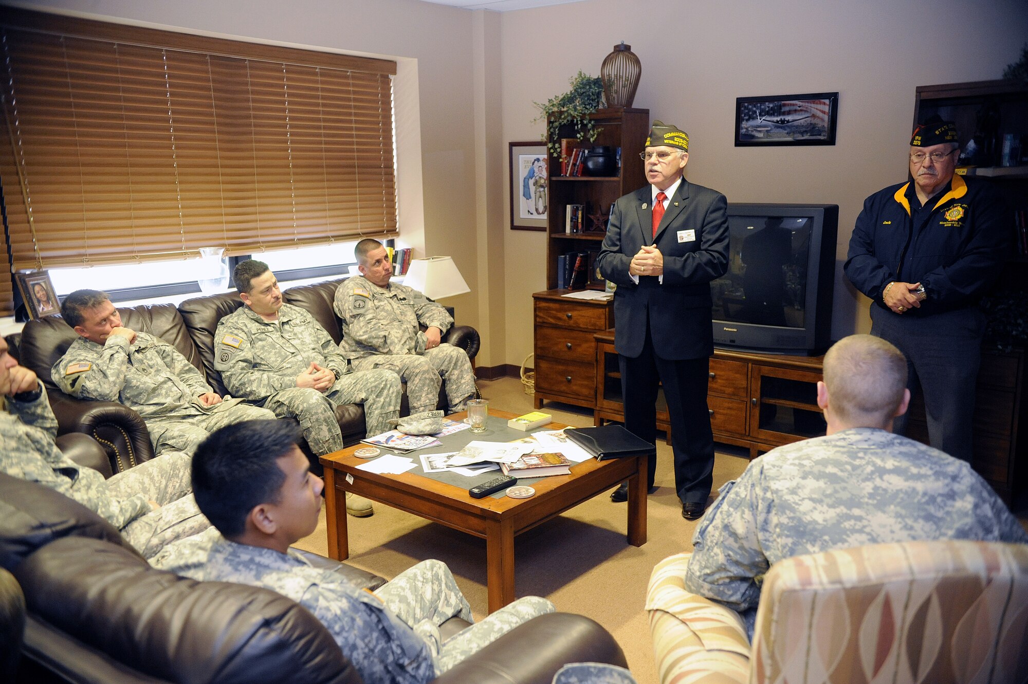Thomas J. Tradewell, commander in chief of Veterans of Foreign Wars, and Jack Shiverdaker, New Jersey State Commander of VFW, visit the Wounded Warriors at Joint Base McGuire-Dix-Lakehurst Oct. 29.  Mr. Tradewell spoke about the VFW, veteran’s issues, and quality of life initiatives for active duty, reserve, and guard members. Mr. Tradewell served in the U.S. Army with B Company 26th Engineers 198th Light Infantry Brigade in South Vietnam from 1966-1968 as a demolition specialist. (U.S. Air Force photo/Carlos Cintron)

